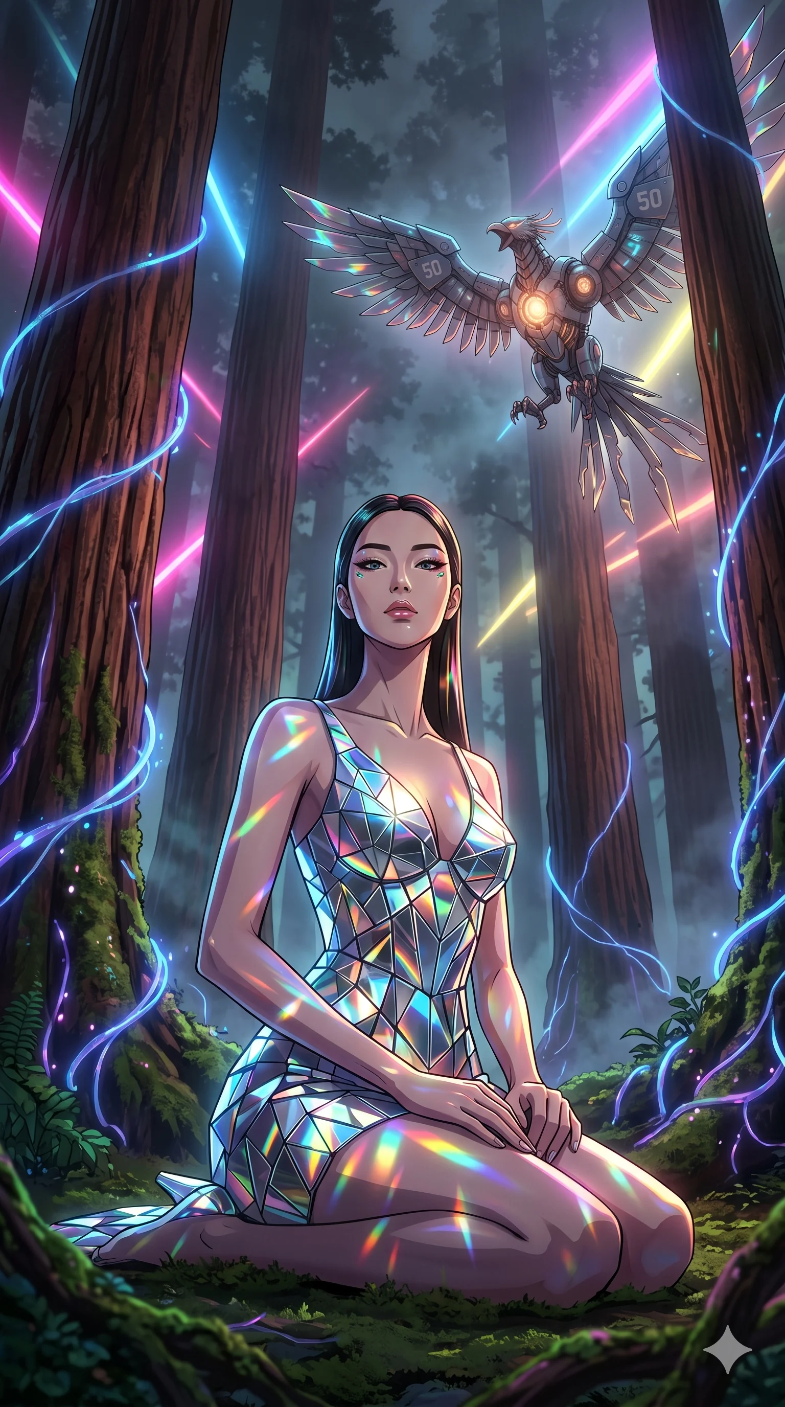 score_9, masterpiece, best quality, ultra-detailed, Set A: High-budget Anime Keyframe, Korean woman. Low angle cowboy shot filling the entire 9:16 frame with her statuesque presence. Theme: Abstract Cosmic. meditating in a giant redwood forest with glowing vines, while a mechanical phoenix rises in the background marked 50. The atmosphere is filled with heavy smog with neon flares. She has an absolutely perfect 8-heads proportion, an exceptionally tall and slender female figure with impossibly long slender legs and an ultra-slim waist. Sharp v-shaped jawline, high-bridge nose, intricate jewel-like eyes with depth, glossy lips. Wearing Fragmented mirror-glass dress that creates a prismatic lighting effect around her. Cinematic lighting, vivid colors, dramatic shadows, 2k, ultra detail, master piece, 9:16 ratio