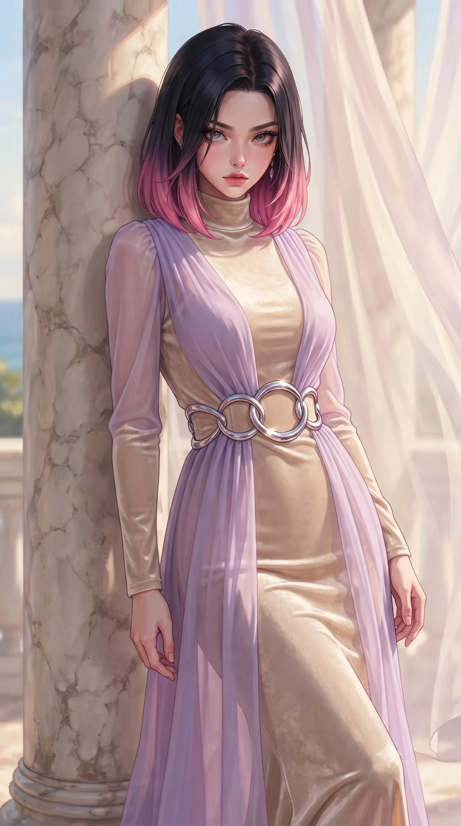 score_9, masterpiece, best quality, ultra-detailed, high-budget anime keyframe, editorial fashion photography, tasteful artistic composition, Korean woman. close-up cowboy shot from the waist and thighs up, the character dominates the composition, filling the frame with her large presence, background elements kept in soft focus. Casting a slow, direct gaze beneath heavy lashes with quiet intensity, resting against an antique marble pillar as soft sunlight warms the flowing fabric, soft sunlight filtering through translucent silk creating gentle skin glows. She has an exceptionally elegant, slender, and willowy female figure with an ultra-slim waist, a gracefully sculpted slender torso, and a refined silhouette. sharp v-shaped jawline, high-bridge nose, intricate jewel-like eyes with depth, thick eyelashes, glossy lips with a natural sheen. wearing floor-length high-neck champagne silk velvet gown with long sleeves in pastel lavender violet, made of sheer opal chiffon overlay, accented with sculpted opal chrome rings at the waist, following her slender form with tailored precision. lit by clear coastal daylight casting soft graceful shadows. highly saturated vibrant anime colors, detailed shading with soft gradients, rich glossy textures, high-contrast stereoscopic depth, volumetric dynamic lighting, master piece, 9:16 ratio