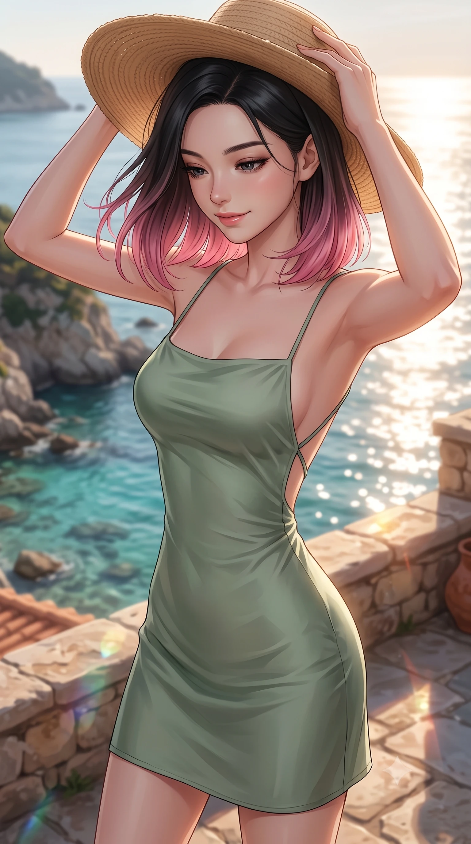 score_9, masterpiece, best quality, ultra-detailed, high-budget anime keyframe, editorial fashion photography, tasteful artistic composition, Korean woman woman. close-up cowboy shot from the waist and thighs up, the character dominates the composition, filling the frame with her large presence, background elements kept in soft focus. holding a wide-brimmed straw hat with both hands against the breeze, looking down with a soft smile the background shows a soft-focus a stone terrace of a coastal villa overlooking a rocky bay with turquoise water. She has an exceptionally elegant, slender, and willowy female figure with an ultra-slim waist, a gracefully sculpted slender torso, and a refined silhouette. sharp v-shaped jawline, high-bridge nose, intricate jewel-like eyes with depth, thick eyelashes, glossy lips with a natural sheen. wearing a slim-fit backless summer dress in sage green silk with thin straps crossing her bare back. warm afternoon sunbeams reflecting off the ocean surface onto the terrace. 2k, ultra detail, master piece, 9:16 ratio