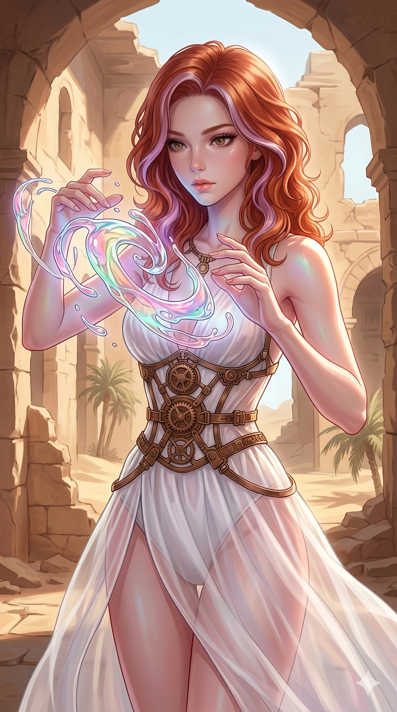 score_9, masterpiece, best quality, ultra-detailed, high-budget anime keyframe, Caucasian woman, strictly human ears. upper body close-up from the thighs up, character filling the screen for maximum presence. interacting with liquid stained-glass that melts and swirls in mid-air inside a crumbling desert ruin, the fluid jewelry floating in suspension. She has an absolutely perfect 8-heads proportion, an exceptionally tall and slender female figure with impossibly long slender legs and an ultra-slim waist. V-shaped jawline, high-bridge nose, intricate jewel-like eyes with depth, thick eyelashes, glossy lips with a natural sheen.. wearing a chrono-gear wire harness couture, featuring micro-bronze gear wire harness cinching her waist, over a sheer white organza dress. enhanced by a luminous pastel spectrum glow, casting elegant rim lights on her shoulders and jawline. 2k, ultra detail, master piece, 9:16 ratio