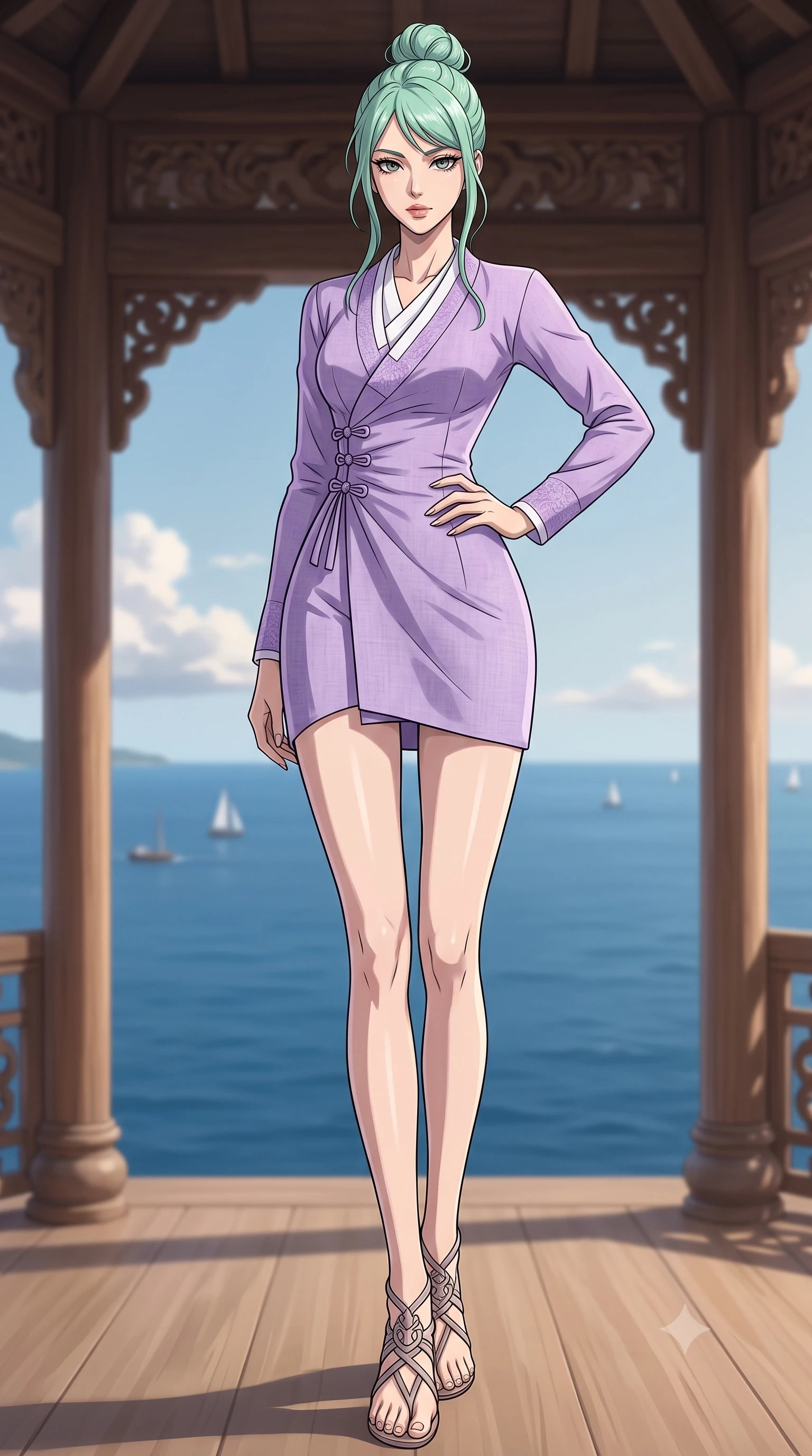 score_9, masterpiece, best quality, ultra-detailed, high-budget anime keyframe, editorial fashion photography, tasteful artistic composition, Japanese woman woman. low angle full-body shot from head to toe showing her feet, filling the entire 9:16 vertical frame with her statuesque presence, stretching her vertical silhouette. posing confidently with one hand on her hip, stretching her statuesque body to emphasize her curves the background shows a soft-focus a wooden pavilion overlooking a wide blue bay with small sailboats sailing in the distance. She has an absolutely perfect, statuesque 8.5-heads proportion, an exceptionally tall and slender model-like female figure with impossibly long slender legs and an ultra-slim waist. sharp v-shaped jawline, high-bridge nose, intricate jewel-like eyes with depth, thick eyelashes, glossy lips with a natural sheen. wearing a slim-fit modern fusion hanbok wrap dress in lavender linen, paired with a white cotton inner top. diffused afternoon light under a few light clouds. 2k, ultra detail, master piece, 9:16 ratio