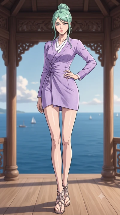score_9, masterpiece, best quality, ultra-detailed, high-budget anime keyframe, editorial fashion photography, tasteful artistic composition, Japanese woman woman. low angle full-body shot from head to toe showing her feet, filling the entire 9:16 ve