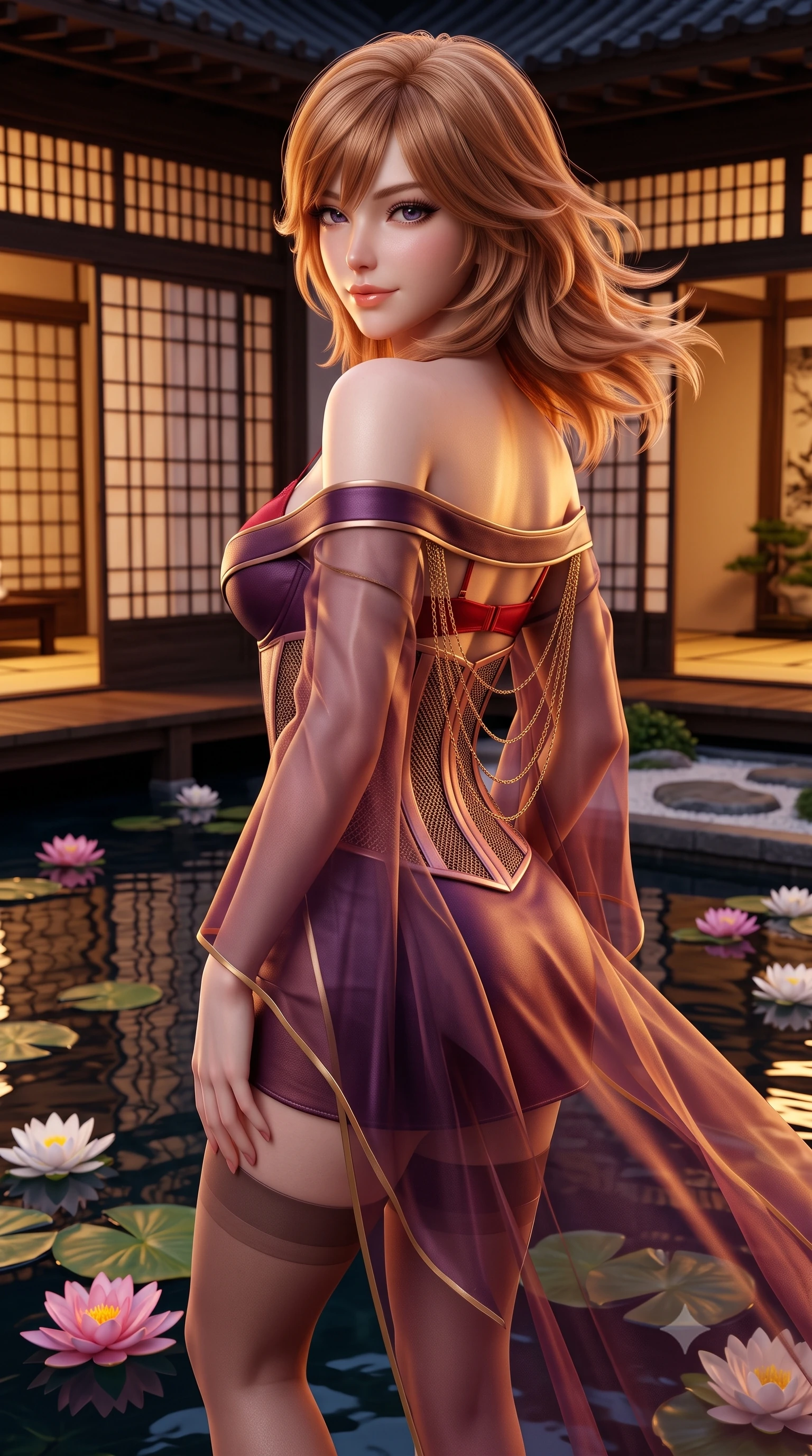 score_9, masterpiece, best quality, ultra-detailed, high-budget anime keyframe, semi-realistic 3D game render, editorial fashion photography, tasteful artistic composition, Korean woman. close-up cowboy shot from the waist and thighs up, the character dominates the composition, filling the frame with her large presence. turning slowly with an enchanting smoldering smile, her glossy hair tossing in the breeze as her hips angle gracefully in a captivating contrapposto while standing poised at the water's edge with hips cocked back, looking over a bare shoulder toward floating lotus flowers with a smoldering bedroom-smile. The surrounding environment is rendered in vivid detail and crisp panoramic clarity: detailed sheer silk organza modern kimono robe slipping off bare shoulders, red satin bralette cling, and bespoke architecture in high resolution. She has an exceptionally elegant, slender, and willowy female figure with an ultra-slim waist, flat toned midriff, narrow ribcage, and sculpted feminine hips creating an alluring, slim hourglass silhouette without bulk. sharp v-shaped jawline, high-bridge nose, sparkling eyes with hypnotic seductive depth, thick curled eyelashes, glossy parted lips with a natural dewy peach sheen, alluring bedroom-eyes with an enchanting coquettish smile, exuding magnetic siren charisma and sophisticated glamour, flawlessly proportioned anatomical accuracy, strict slender model proportions, natural body alignment, perfectly sculpted long slender limbs, ultra-slim waistline, clean dynamic posture without body distortion. wearing a structured boned leatherette corset bodice paired with an ultra-short micro-wrap mini skirt and sheer thigh-high stockings in deep plum violet and rose gold, crafted from shimmering fluid chainmail mesh reflecting ambient lights, accented with an open-back drape framed by falling strands of delicate gold chains, the form-contouring silhouette accentuating her sculpted flat midriff, narrow delicate ribcage, and gracefully curvy hips with intoxicating allure. bathed in warm 2600K amber light radiating from sliding shoji screens mixed with dark water specular reflection. highly saturated vibrant anime colors, detailed shading with soft gradients, rich glossy textures, high-contrast stereoscopic depth, volumetric dynamic lighting, master piece, 9:16 ratio