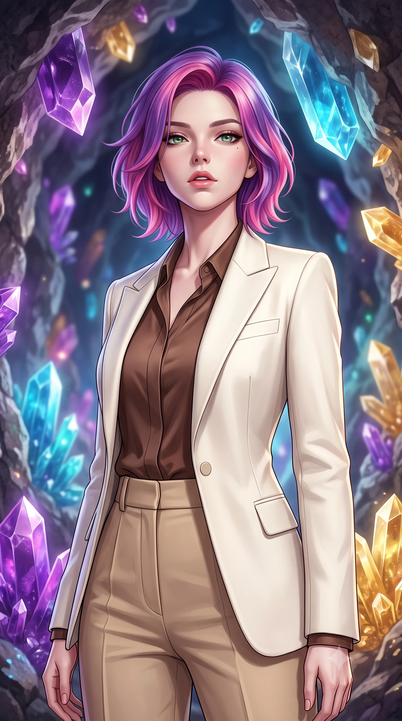 score_9, masterpiece, best quality, ultra-detailed, high-budget anime keyframe, editorial fashion photography, tasteful artistic composition, Caucasian woman, strictly human ears. close-up cowboy shot from the waist and thighs up, the character dominates the composition, filling the frame with her large presence, background elements kept in soft focus. Tilting her chin up slightly with lips parted in a composed expression. set against a soft-focus background of deep inside a hollowed-out asteroid whose rough stone walls are lined with enormous crystal formations in every imaginable color from deep violet amethyst to electric blue aquamarine to warm citrine gold. She has an exceptionally elegant and slender, willowy female figure with an ultra-slim waist, a gracefully sculpted slender torso, and a refined slim physique. sharp v-shaped jawline, high-bridge nose, intricate jewel-like eyes with depth, thick eyelashes, glossy lips with a natural sheen. wearing a structured ivory blazer over a cocoa brown silk blouse, paired with high-waisted sand-colored tailored trousers. the crystals themselves emit soft inner glow in their respective colors creating a rainbow cave of ambient illumination with sharp specular highlights on crystal facets. 2k, ultra detail, master piece, 9:16 ratio