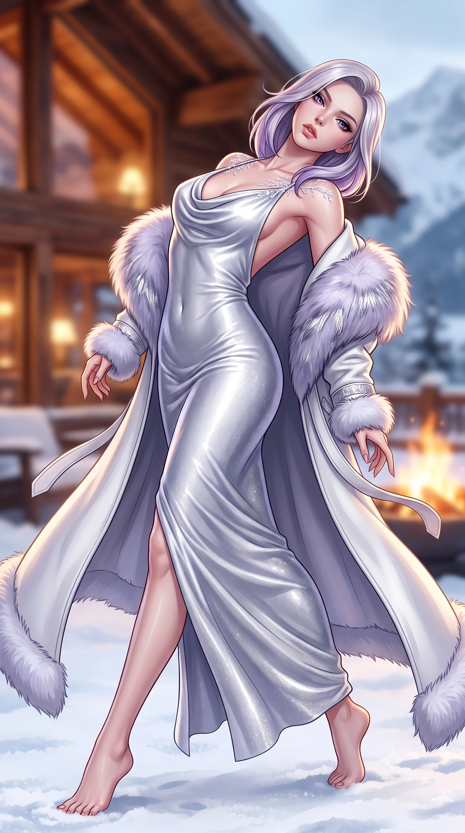 score_9, masterpiece, best quality, ultra-detailed, high-budget anime keyframe, semi-realistic 3D game render, editorial fashion photography, tasteful artistic composition, Caucasian woman. low angle full-body shot from head to toe showing her feet, filling the entire 9:16 vertical frame with her statuesque presence, stretching her vertical silhouette. reclining back languidly with one knee bent and spine arched in a breathtaking dancer line, commanding the entire 9:16 vertical frame while striding through the fresh powder snow with sovereign elegance, arching her back as mountain winds flutter her open coat. The composition keeps background elements in soft focus with creamy bokeh. warm glowing chalet timber interiors and outdoor fire pit flames softened in cozy shallow depth of field. She has an absolutely perfect, statuesque 8.5-heads proportion, an exceptionally tall and slender model-like female figure with impossibly long slender legs, a toned flat midriff, and an ultra-slim waist. sharp v-shaped jawline, high-bridge nose, intricate jewel-like eyes with depth, thick eyelashes, glossy parted lips with a natural sheen, intensely captivating and seductive expression, flawlessly proportioned anatomical accuracy, strict slender model proportions, natural body alignment, perfectly sculpted long slender limbs, ultra-slim waistline, clean dynamic posture without body distortion. wearing a crystalline silver lamé cowl-neck gown with a deep back scoop and fur stole draped over her arms in frosted lavender mist and metallic silver, tailored from supple white lambskin leather with fur trim accents, finished with delicate crystal frost embroidery tracing the collarbones, the snug thermal second-skin fit accentuating her razor-sharp statuesque lines and slim hourglass silhouette amidst the cold snow. surrounded by a glamorous, elite, and heart-meltingly alluring winter sanctuary goddess aura. highly saturated vibrant anime colors, detailed shading with soft gradients, rich glossy textures, high-contrast stereoscopic depth, volumetric dynamic lighting, master piece, 9:16 ratio