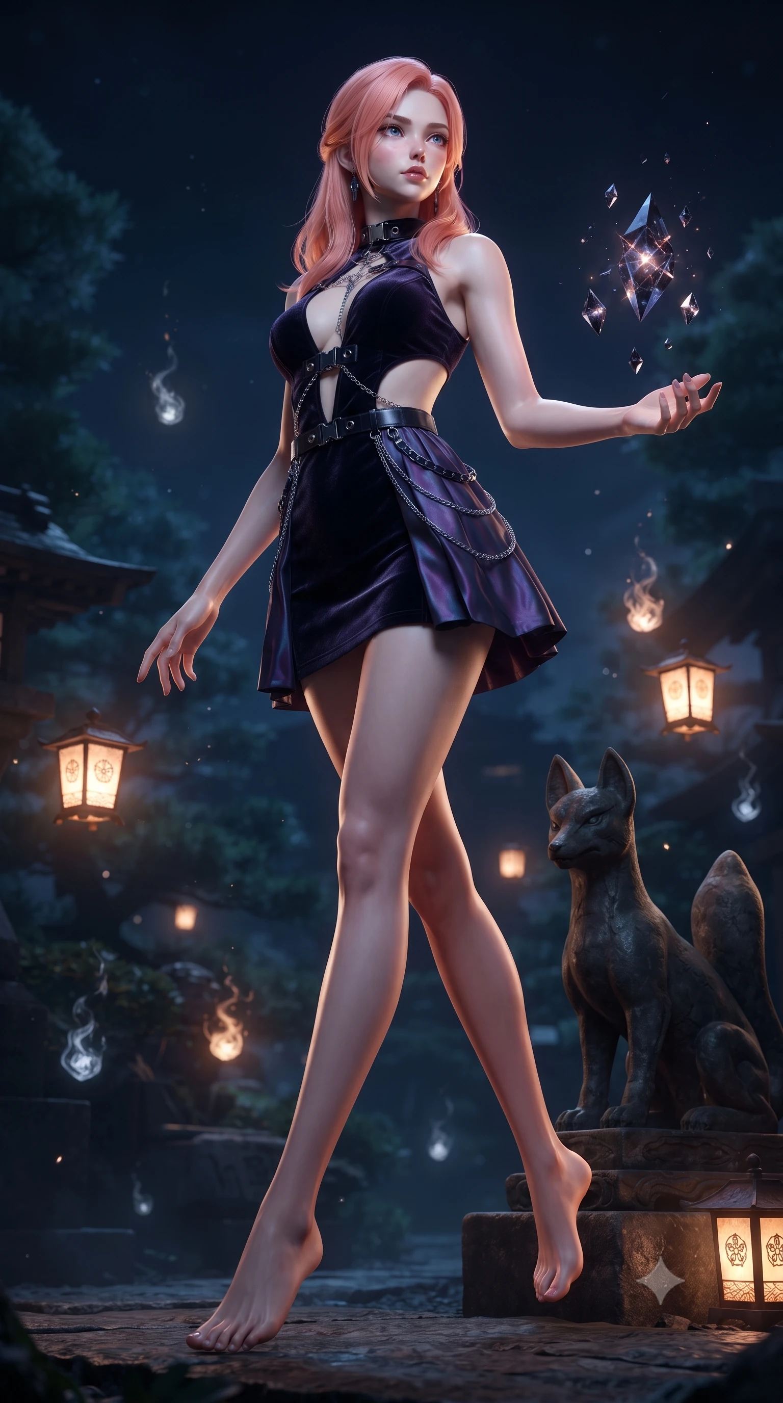 score_9, masterpiece, best quality, ultra-detailed, high-budget anime keyframe, editorial fashion photography, tasteful artistic composition, Japanese woman. low angle full-body shot from head to toe showing her feet, filling the entire 9:16 vertical frame with her statuesque presence, stretching her vertical silhouette. interacting with floating dark crystal particles, her long slender legs poised in motion, resting near a dark stone fox statue illuminated by floating spirit lanterns, ghostly spirit fire embers drifting silently through the cool night air. She has an absolutely perfect, statuesque 8.5-heads proportion, an exceptionally tall and slender model-like female figure with impossibly long slender legs and an ultra-slim waist. sharp v-shaped jawline, high-bridge nose, intricate jewel-like eyes with depth, thick eyelashes, glossy lips with a natural sheen. wearing dramatic open-waist cutout mini dress in dark velvet framed by chrome hardware in midnight navy blue, made of iridescent dark violet taffeta, framed by dark titanium buckles and silver chain details, sculpting her athletic slender build with refined precision. illuminated by warm amber lantern light contrasting with pitch-black nocturnal shadows. highly saturated vibrant anime colors, detailed shading with soft gradients, rich glossy textures, high-contrast stereoscopic depth, volumetric dynamic lighting, master piece, 9:16 ratio