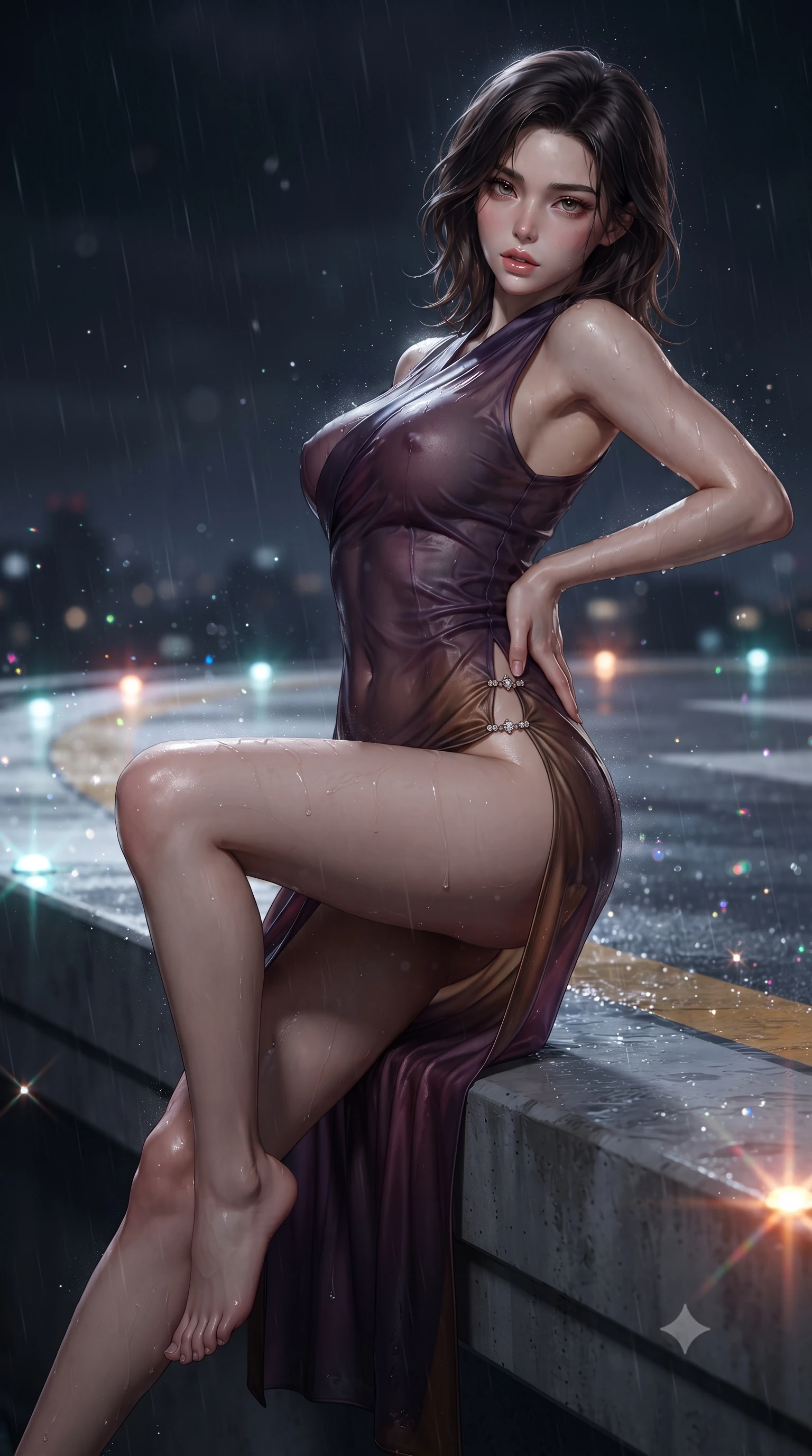score_9, masterpiece, best quality, ultra-detailed, high-budget anime keyframe, editorial fashion photography, tasteful artistic composition, Korean woman. close-up cowboy shot from the waist and thighs up, the character dominates the composition, filling the frame with her large presence. arching her spine backward with effortless dancer poise, one hand sliding along her hip line as directional light carves specular highlights along her silhouette while sitting perched on the raised helipad edge with one knee drawn up and long legs angled down, her narrow waist and curved hips sculpted by wind. The composition keeps background elements in soft focus with creamy bokeh. drifting rain mist particles and helipad perimeter LED lights scattering sparkling chromatic light motes. She has an exceptionally elegant, slender, and willowy female figure with an ultra-slim waist, flat toned midriff, narrow ribcage, and sculpted feminine hips creating an alluring, slim hourglass silhouette without bulk. sharp v-shaped jawline, high-bridge nose, intricate jewel-like eyes with depth, thick eyelashes, glossy parted lips with a natural sheen, intensely captivating and seductive bedroom-eyes expression, flawlessly proportioned anatomical accuracy, strict slender model proportions, natural body alignment, perfectly sculpted long slender limbs, ultra-slim waistline, clean dynamic posture without body distortion. wearing a delicate semi-translucent silk yukata that clings to her wet skin and curvy hip contours in deep plum violet and antique bronze, crafted from second-skin supple lambskin leather with liquid drape, finished with an ultra-high side slit secured by miniature jeweled clasps, the liquid-tight tailored fabric clinging flawlessly to her narrow waist and rounded feminine hips, emphasizing every millimeter of her sculpted slim hourglass curves without any bulky heaviness. illuminated by crisp directional wind-edge highlights sculpting her bare collarbones, slender waist, and curvy hips. ultra-reflective glossy finish, specular highlights, rich textural contrasts, high-contrast stereoscopic depth, volumetric dynamic lighting, 2k, ultra detail, master piece, 9:16 ratio