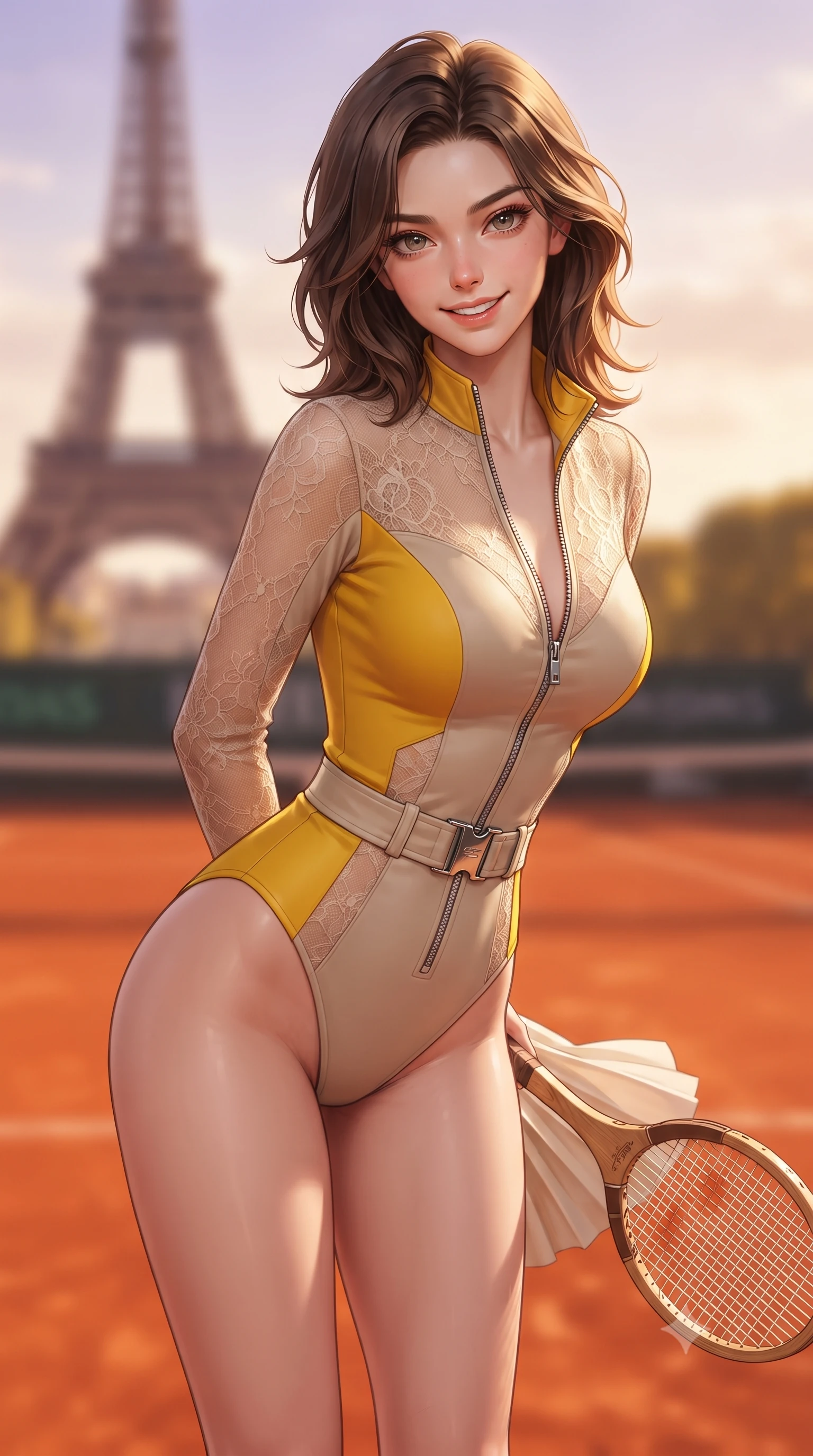 score_9, masterpiece, best quality, ultra-detailed, high-budget anime keyframe, editorial fashion photography, tasteful artistic composition, Korean woman. close-up cowboy shot from the waist and thighs up, the character dominates the composition, filling the frame with her large presence. resting both hands lightly behind her back while leaning toward the lens with a cheerful, teasing grin, her form-fitting athletic suit hugging her narrow waist and hip curve while twisting her slender torso in an alluring contrapposto stance, holding a classic racket while warm Paris afternoon breezes flutter her skirt. The background shows a soft-focus the vibrant rust-orange red clay stadium court and the distant Eiffel Tower on the Parisian horizon blurred into terracotta, champagne, and violet bokeh. She has an exceptionally elegant, slender, and willowy female figure with an ultra-slim waist, flat toned midriff, narrow ribcage, and sculpted feminine hips creating an alluring, slim hourglass silhouette without bulk. sharp v-shaped jawline, high-bridge nose, sparkling eyes with athletic focus and depth, thick curled eyelashes, glossy parted lips with a natural coral-peach sheen, bright confident and coquettish smile with alluring bedroom-eyes, exuding both youthful sporty vigor and sovereign high-society glamour, flawlessly proportioned anatomical accuracy, strict slender model proportions, natural body alignment, perfectly sculpted long slender limbs, ultra-slim waistline, clean dynamic posture without body distortion. wearing a modern paddock jumpsuit with zip-down front collar and high-cut leg openings in sleek stretch jersey in warm oatmeal beige and deep Ferrari yellow, crafted from sheer delicate stretch lace reinforced with technical sport threads, finished with polished chrome zipper pulls and racing harness buckle hardware, the high-waisted wrap tailoring accentuating her ultra-slim waistline and the enchanting curve of her feminine hips with alluring sporty charm. illuminated by terracotta ground bounce fill and sharp warm-gold rim lighting defining her razor-sharp jawline, narrow waist, and curvy hips. ultra-reflective glossy finish, specular highlights, rich textural contrasts, high-contrast stereoscopic depth, volumetric dynamic lighting, 2k, ultra detail, master piece, 9:16 ratio
