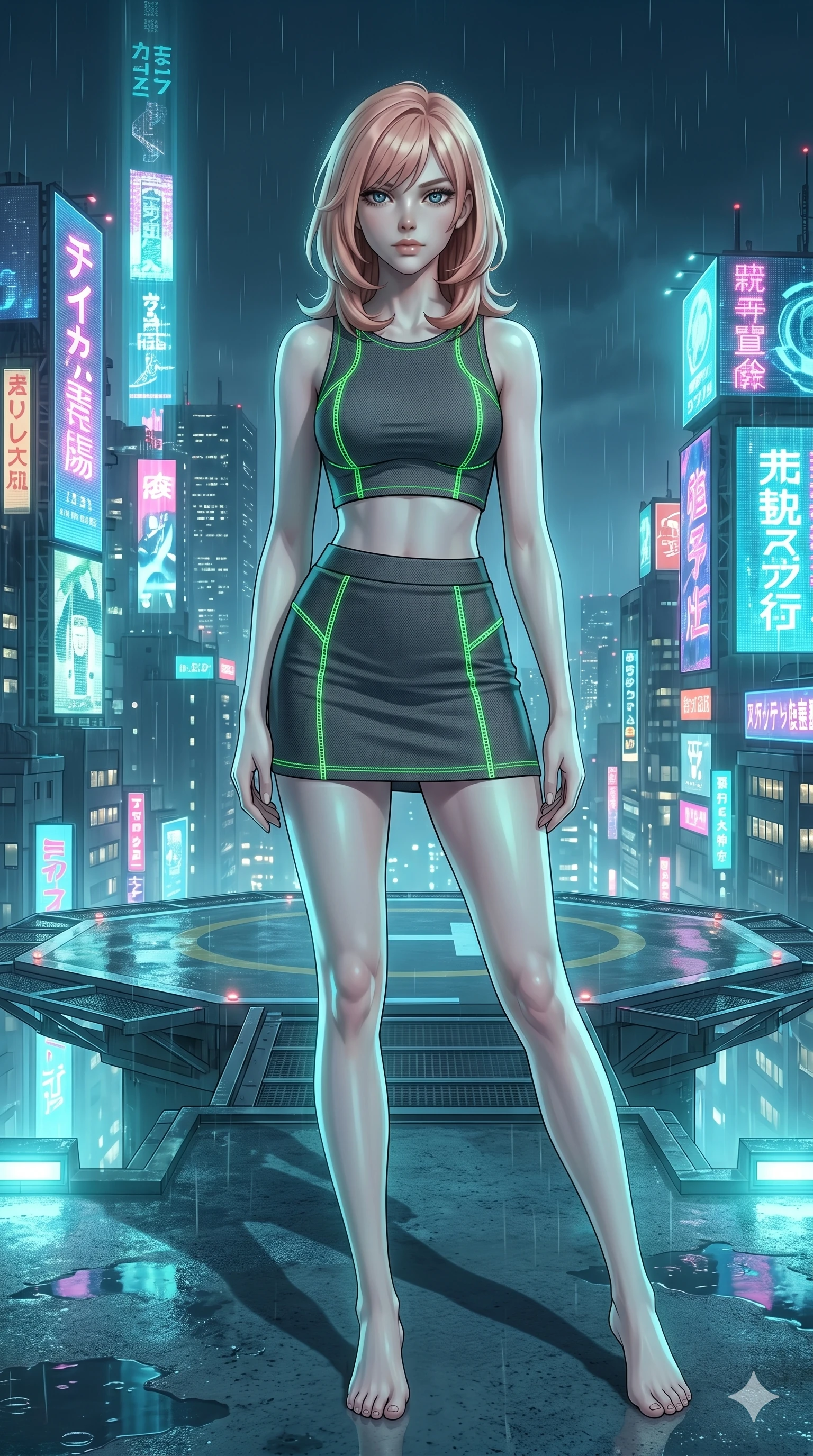 score_9, masterpiece, best quality, ultra-detailed, high-budget anime keyframe, editorial fashion photography, tasteful artistic composition, Japanese woman. cowboy shot from the thighs up, character and outfit filling the frame for maximum editorial presence. Casting a slow, direct gaze beneath heavy lashes with quiet intensity atop a high-rise helipad overlooking a rainy cyber-city illuminated by giant video billboards. She has an absolutely perfect 8-heads proportion, an exceptionally tall and slender female figure with impossibly long slender legs and an ultra-slim waist. V-shaped jawline, high-bridge nose, intricate jewel-like eyes with depth, thick eyelashes, glossy lips with a natural sheen. wearing a fitted crop top and matching mini skirt in charcoal grey tech-knit, featuring glowing neon-green flatlock stitching along all seams. illuminated by soft aqua bioluminescent light that makes her skin luminously glow against the dark. 2k, ultra detail, master piece, 9:16 ratio
