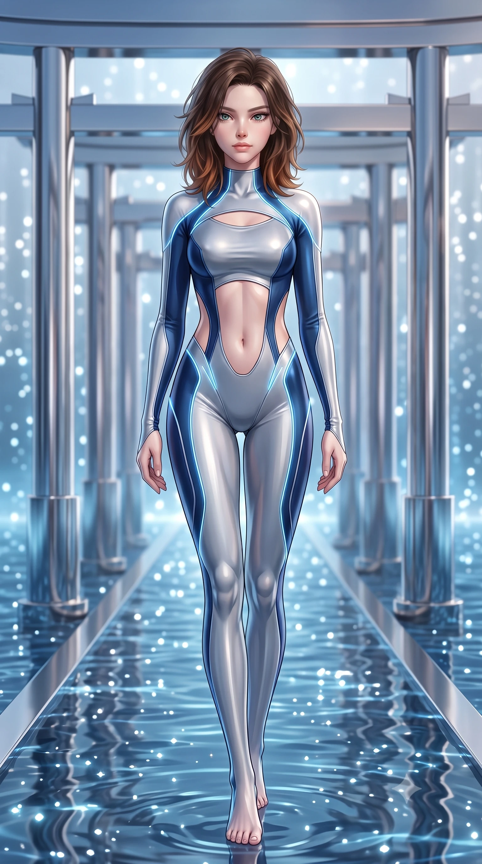 score_9, masterpiece, best quality, ultra-detailed, high-budget anime keyframe, semi-realistic 3D game render, editorial fashion photography, tasteful artistic composition, Korean woman. low angle full-body shot from head to toe showing her feet, filling the entire 9:16 vertical frame with her statuesque presence, stretching her vertical silhouette. striding forward with commanding supermodel grace, her 8.5-heads statuesque silhouette dominating the vertical frame from head to toe while striding gracefully along a mirrored chrome torii gate arcade suspended above a digital water matrix. The composition keeps background elements in soft focus with creamy bokeh. sparkling water matrix light motes creating a soft, luminous background curtain. She has an absolutely perfect, statuesque 8.5-heads proportion, an exceptionally tall and slender model-like female figure with impossibly long slender legs, a toned flat midriff, and an ultra-slim waist. sharp v-shaped jawline, high-bridge nose, intricate jewel-like eyes with depth, thick eyelashes, glossy lips with a natural sheen, flawlessly proportioned anatomical accuracy, strict slender model proportions, natural body alignment, perfectly sculpted long slender limbs, ultra-slim waistline, clean dynamic posture without body distortion. wearing an ultra-sleek aerodynamic tech-jumpsuit sculpted tightly to her figure, accented with glowing fiber-optic spine lines in liquid platinum silver and deep sapphire blue LED filaments, made of liquid jersey fabric that clings flawlessly to every contour of her build, accented with glowing fiber-optic seams tracing her collarbones and hip curves, the precision-cut daring openings accentuating her delicate midriff, graceful bare collarbones, and ultra-slim feminine waistline. illuminated by crisp specular highlights tracing her sculpted flat midriff, waist, and long slender legs. rich saturated anime colors with glowing neon highlights, detailed shading with soft gradients, rich glossy textures, high-contrast stereoscopic depth, volumetric dynamic lighting, master piece, 9:16 ratio