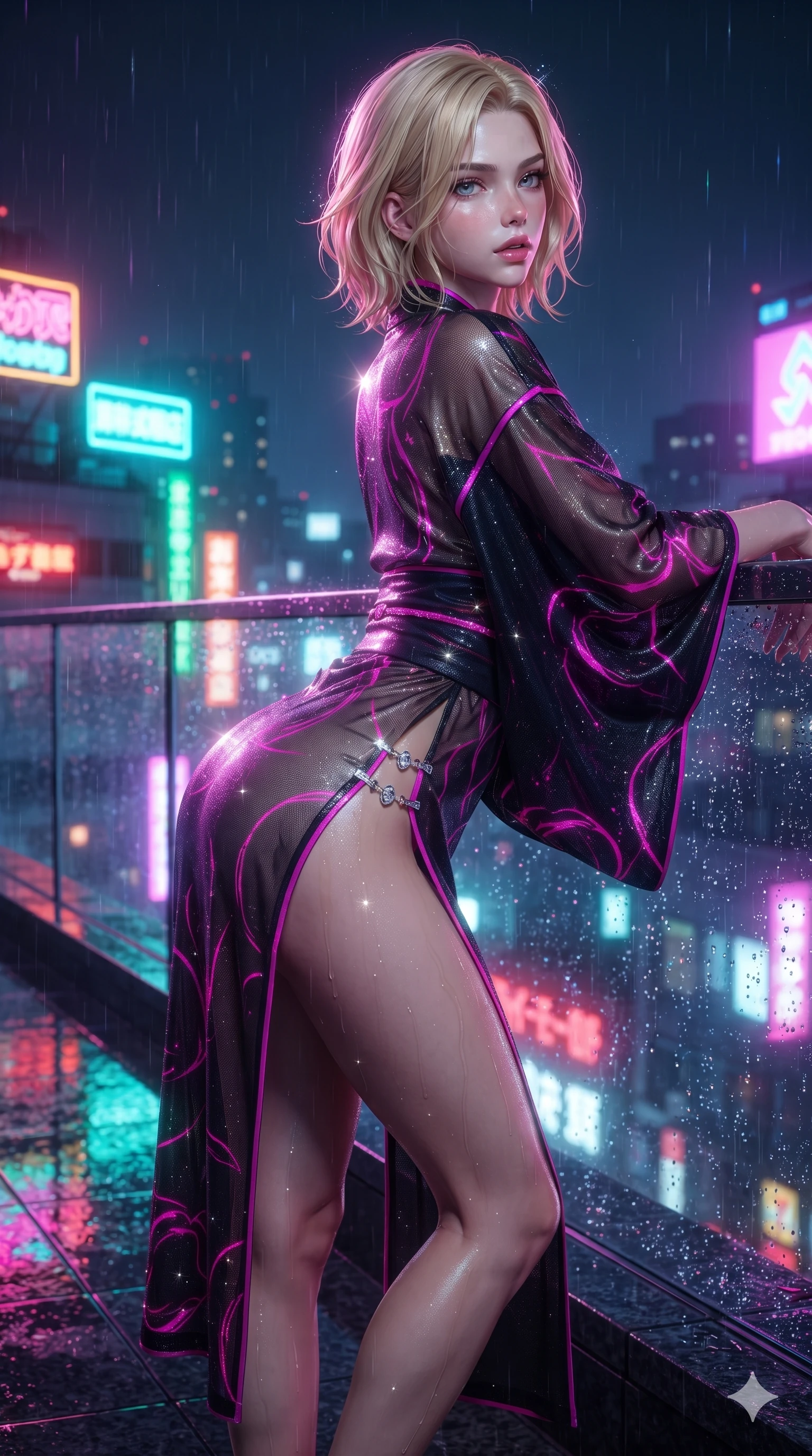 score_9, masterpiece, best quality, ultra-detailed, high-budget anime keyframe, editorial fashion photography, tasteful artistic composition, Caucasian woman. close-up cowboy shot from the waist and thighs up, the character dominates the composition, filling the frame with her large presence. twisting her slender torso in a deep contrapposto stance, hips dramatically shifted to accentuate her feminine curves while looking past her shoulder with smoldering bedroom-eyes while standing tall and poised against the wet glass railing, arching her lower back with sovereign supermodel grace as rain mist catches the neon glow. The surrounding environment is rendered in vivid detail and crisp panoramic clarity: sharp water puddle reflection ripples on black granite tiles, crisp raindrop speculars on glass, and neon tube glass details in deep focus. She has an exceptionally elegant, slender, and willowy female figure with an ultra-slim waist, flat toned midriff, narrow ribcage, and sculpted feminine hips creating an alluring, slim hourglass silhouette without bulk. sharp v-shaped jawline, high-bridge nose, intricate jewel-like sparkling eyes with depth, thick eyelashes, glossy parted lips with a natural sheen, intensely captivating and seductive bedroom-eyes expression, exuding both youthful cute charm and sovereign luxury allure, flawlessly proportioned anatomical accuracy, strict slender model proportions, natural body alignment, perfectly sculpted long slender limbs, ultra-slim waistline, clean dynamic posture without body distortion. wearing a delicate semi-translucent silk yukata that clings to her wet skin and curvy hip contours in black lacquer and vibrant magenta neon, woven from stretch metallic lurex jersey casting radiant starlight glints across her curves, finished with an ultra-high side slit secured by miniature jeweled clasps, the glove-like clinging cut tightly following the natural contour of her hips and long slender legs with youthful 8.5-heads elegance. bathed in the intense, high-saturation glow of multi-colored neon signage reflecting off wet surfaces. ultra-reflective glossy finish, specular highlights, rich textural contrasts, high-contrast stereoscopic depth, volumetric dynamic lighting, 2k, ultra detail, master piece, 9:16 ratio