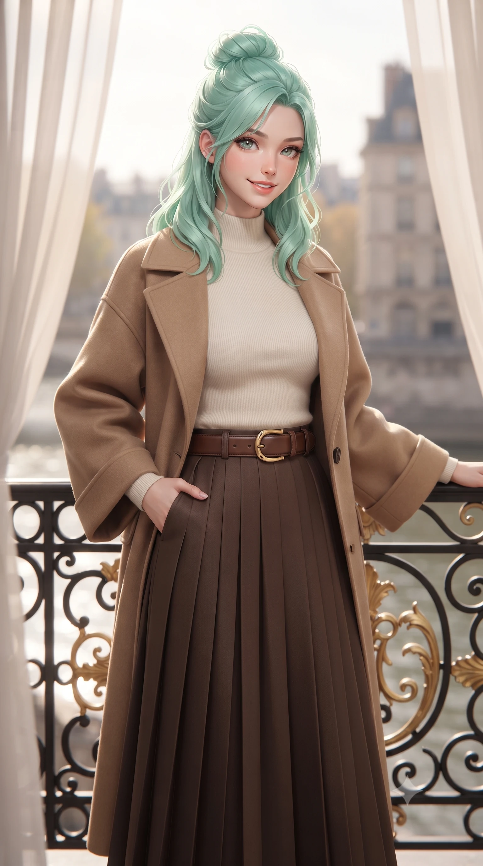 score_9, masterpiece, best quality, ultra-detailed, high-budget anime keyframe, editorial fashion photography, tasteful artistic composition, Japanese woman. close-up cowboy shot from the waist and thighs up, the character dominates the composition, filling the frame with her large presence. standing poised with one hand slipped into her tailored trouser pocket, head tilted in a friendly, engaging expression while standing poised at the ornate black-and-gold wrought iron balcony railing, looking out toward Île de la Cité with an enchanting, dreamy smile. The background shows a soft-focus French apartment interior shear curtains softened in intimate Parisian morning shallow focus. She has an exceptionally elegant, slender, and willowy female figure with an ultra-slim waist, flat toned midriff, narrow ribcage, and sculpted feminine hips creating an alluring, slim hourglass silhouette without bulk. sharp v-shaped jawline, high-bridge nose, intricate jewel-like sparkling eyes with depth, thick eyelashes, glossy parted lips with a natural peach sheen, bright cheerful beaming smile with an enchanting and coquettish sensual glint, exuding both youthful cute charm and seductive allure, flawlessly proportioned anatomical accuracy, strict slender model proportions, natural body alignment, perfectly sculpted long slender limbs, ultra-slim waistline, clean dynamic posture without body distortion. wearing an elegant tailored wool trench with kimono-inspired wide sleeves worn over an ivory mock-neck sweater and long skirt in Saint-Germain camel wool and warm espresso, tailored from fine wool gabardine with crisp permanent pleats and sharp drape, finished with a smooth equestrian bridle-leather belt with a polished brass horseshoe buckle, the structured cinched belt emphasizing her narrow waistline and gracefully balanced proportions with timeless haute-couture polish. bathed in soft, luminous early morning autumn sunlight reflecting off the Seine river surface and stone facades. ultra-reflective glossy finish, specular highlights, rich textural contrasts, high-contrast stereoscopic depth, volumetric dynamic lighting, 2k, ultra detail, master piece, 9:16 ratio