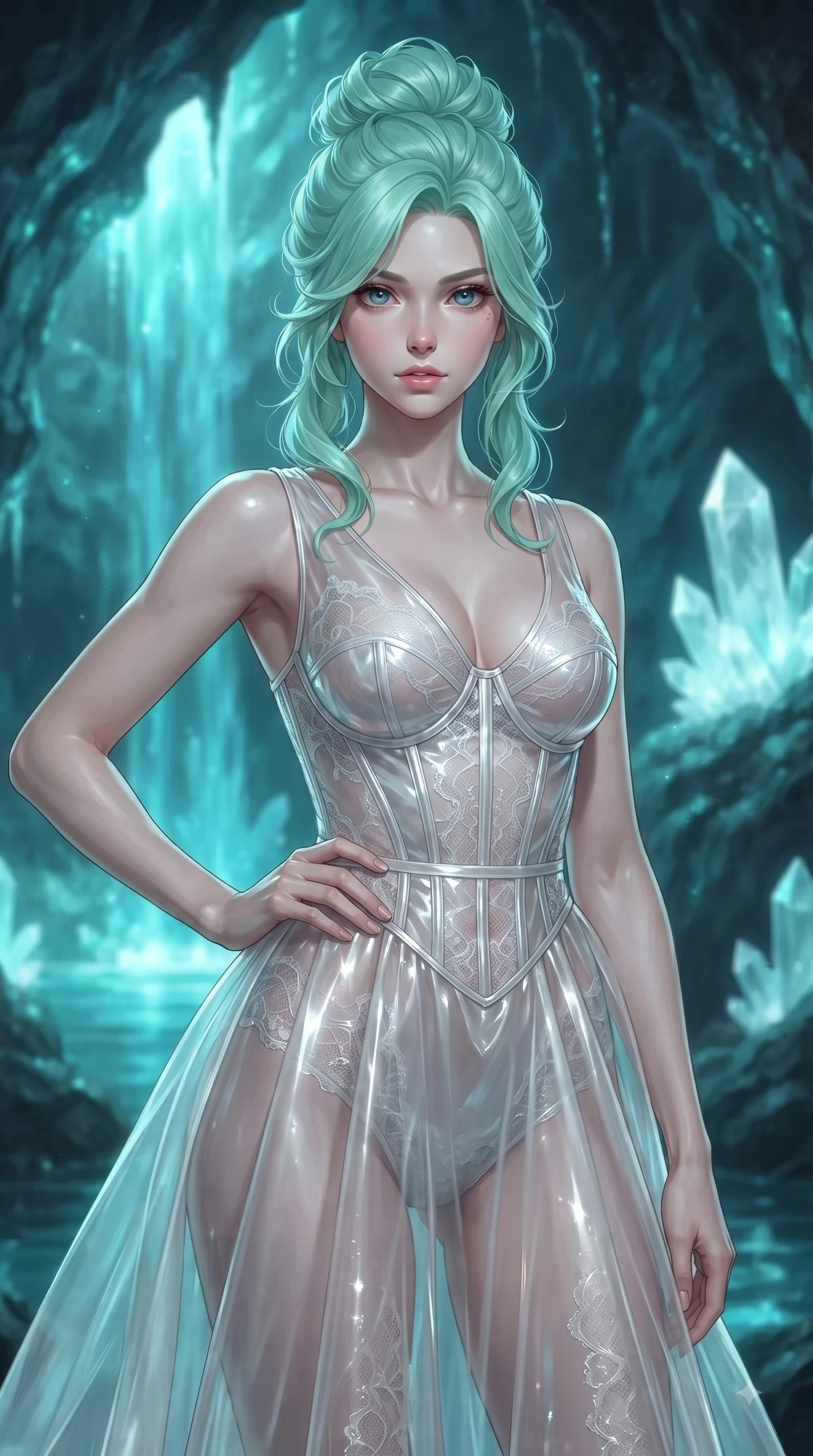 score_9, masterpiece, best quality, ultra-detailed, high-budget anime keyframe, editorial fashion photography, tasteful artistic composition, Japanese woman woman. close-up cowboy shot from the waist and thighs up, the character dominates the composition, filling the frame with her large presence, background elements kept in soft focus. She has an exceptionally elegant, slender, and willowy female figure with an ultra-slim waist, a gracefully sculpted slender torso, and a refined silhouette. holding a confident power pose with one hand on her hip, looking directly into the camera with quiet self-assurance, flawlessly proportioned anatomical accuracy, natural body alignment, perfectly sculpted elegant limbs, clean dynamic posture without body distortion. set against a soft-focus background of a hidden cave with cascading luminescent water and crystal quartz. wearing a translucent white organdy veil dress with an architectural structured corset and lace panels. bathed in glowing aqua bioluminescence reflecting off wet rock walls. ultra-reflective glossy finish, specular highlights, metallic sheen, high-contrast stereoscopic depth, volumetric dynamic lighting, 2k, ultra detail, master piece, 9:16 ratio