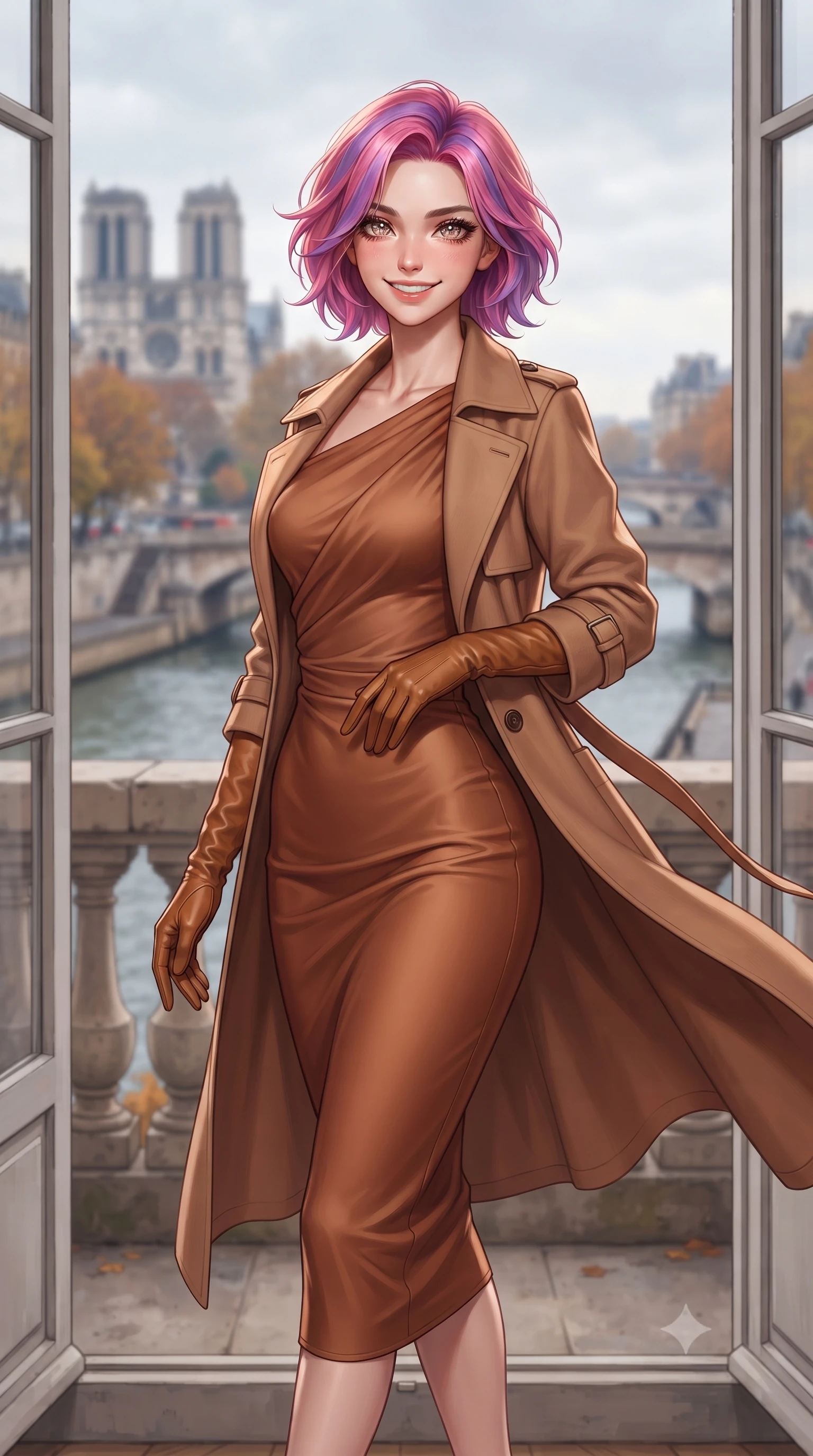 score_9, masterpiece, best quality, ultra-detailed, high-budget anime keyframe, editorial fashion photography, tasteful artistic composition, Caucasian woman. close-up cowboy shot from the waist and thighs up, the character dominates the composition, filling the frame with her large presence. standing poised with hips cocked slightly to the side, one hand tracing her cinched waistline while casting an affectionate warm glance while stepping out through tall French double doors onto the stone balcony ledge, her belted cashmere coat catching the brisk autumn breeze. The background shows a soft-focus flowing River Seine waters, autumn-colored trees along the quays, historic stone bridges, and distant Notre-Dame towers blurred into slate blue, copper, and zinc grey bokeh. She has an exceptionally elegant, slender, and willowy female figure with an ultra-slim waist, flat toned midriff, narrow ribcage, and sculpted feminine hips creating an alluring, slim hourglass silhouette without bulk. sharp v-shaped jawline, high-bridge nose, intricate jewel-like sparkling eyes with depth, thick eyelashes, glossy parted lips with a natural peach sheen, bright cheerful beaming smile with an enchanting and coquettish sensual glint, exuding both youthful cute charm and seductive allure, flawlessly proportioned anatomical accuracy, strict slender model proportions, natural body alignment, perfectly sculpted long slender limbs, ultra-slim waistline, clean dynamic posture without body distortion. wearing a fluid liquid silk jersey draped midi dress clinging flawlessly to her narrow waist, flat midriff, and curvy hips in warm winter cinnamon and toasted caramel, crafted from fluid liquid velvet offering rich tactile depth while adhering to her hourglass shape, complemented by buttery leather opera gloves tracing her slender arms with sleek polish, the glove-like clinging cut tightly following the natural contour of her hips and long slender legs with youthful 8.5-heads elegance. illuminated by zinc roof reflection fill and clean pearlescent rim lights accentuating her sharp jawline and willowy silhouette. ultra-reflective glossy finish, specular highlights, rich textural contrasts, high-contrast stereoscopic depth, volumetric dynamic lighting, 2k, ultra detail, master piece, 9:16 ratio