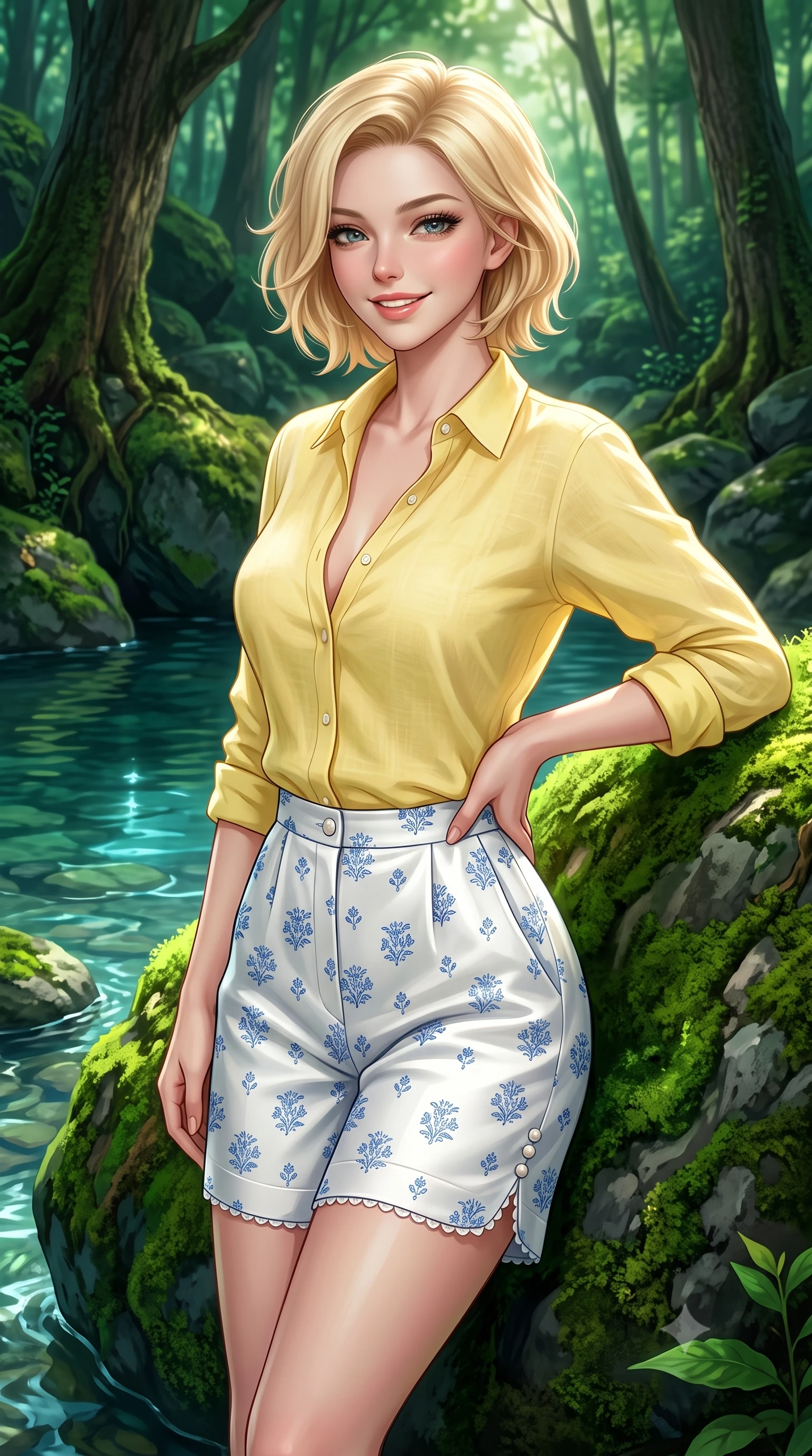 score_9, masterpiece, best quality, ultra-detailed, high-budget anime keyframe, semi-realistic 3D game render, editorial fashion photography, tasteful artistic composition, Caucasian woman. close-up cowboy shot from the waist and thighs up, the character dominates the composition, filling the frame with her large presence. resting one hand lightly on her waist while casting a charming, captivating side-gaze with thick eyelashes while resting gracefully on an emerald moss-covered boulder by a tranquil natural pool, smiling warmly at the viewer. The surrounding environment is rendered in vivid detail and crisp panoramic clarity. deep woodland chiaroscuro and magical natural water sanctuary aesthetics rendered with precision. She has an exceptionally elegant, slender, and willowy female figure with an ultra-slim waist, a gracefully sculpted slender torso, toned flat midriff, and a refined slim silhouette. sharp v-shaped jawline, high-bridge nose, intricate jewel-like eyes with depth, thick eyelashes, glossy lips with a natural sheen, pure and lovely fresh girlhood expression, flawlessly proportioned anatomical accuracy, strict slender model proportions, natural body alignment, perfectly sculpted long slender limbs, ultra-slim waistline, clean dynamic posture without body distortion. wearing a lightweight pastel linen button-down shirt paired with tailored high-rise white Bermuda shorts in sunny daffodil yellow and french blue, crafted from smooth fluid silk satin with a natural gentle sheen, finished with delicate scallop trims and tiny pearl buttons, the breezy lightweight fabric fluttering softly against her delicate collarbones, narrow waist, and feminine curves. illuminated by soft emerald forest bounce light accentuating her natural beauty and lovely outfit. highly saturated vibrant anime colors, detailed shading with soft gradients, rich glossy textures, high-contrast stereoscopic depth, volumetric dynamic lighting, master piece, 9:16 ratio