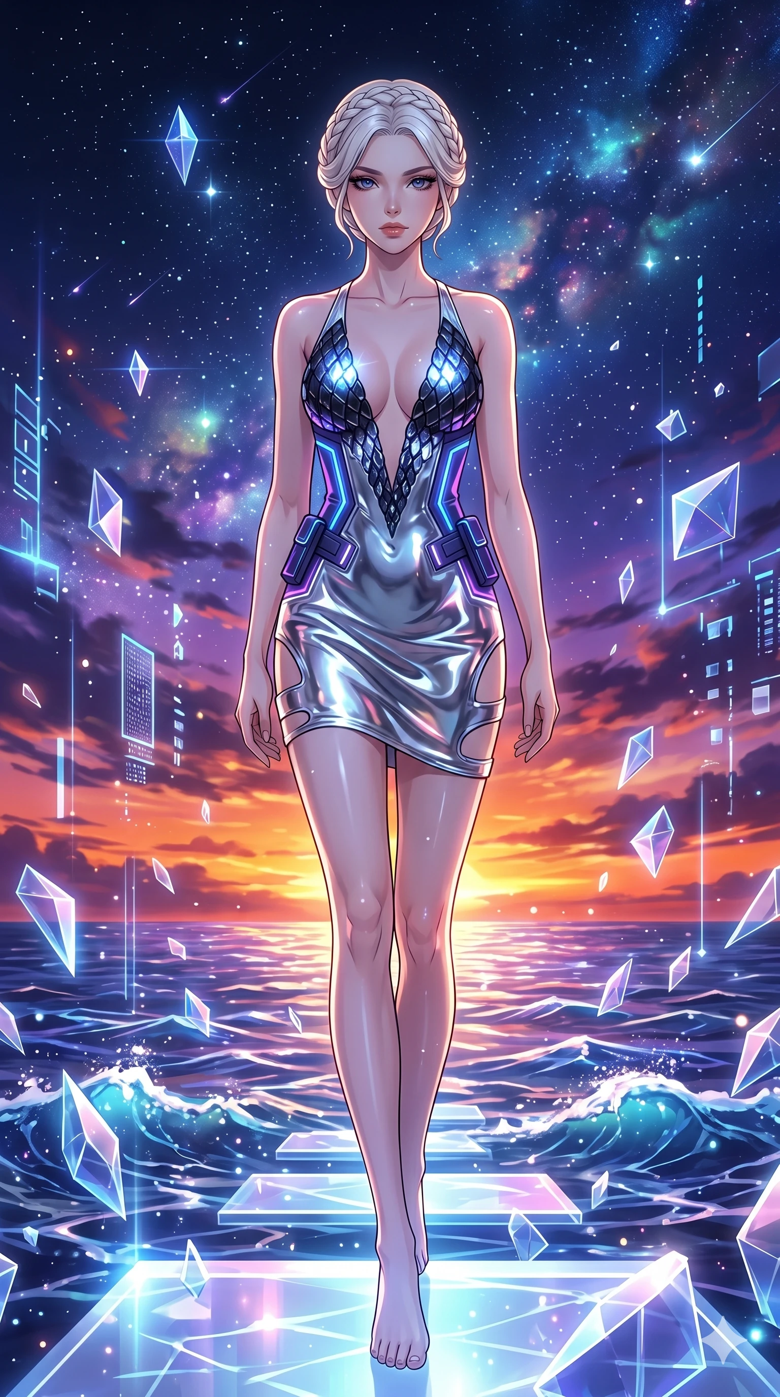 score_9, masterpiece, best quality, ultra-detailed, High-budget Anime Keyframe, vibrant colors, fluid line-art, expressive lighting, cinematic composition, Ufotable-style visual effects, top-tier animation quality, Japanese woman with delicate and elegant anime-inspired features. Wide-angle low shot emphasizing her impossibly long slender legs and commanding stature. Navigating a surreal sea of floating geometric shapes and crystalline structures within a digital void, the environment reacting to her presence. She has an absolutely perfect 8-heads proportion, an exceptionally tall and slender female figure with impossibly long slender legs and an ultra-slim waist, her statuesque height and towering silhouette dominating the vertical 9:16 frame. Her face is a masterpiece featuring a sharp v-shaped jawline, high-bridge nose, intricate jewel-like eyes with depth, thick eyelashes, and glossy lips with a natural sheen. She is wearing a Liquid mercury fabric dress that clings perfectly to her every curve with a deep plunging neckline crafted from Obsidian-glass scales that shimmer with a dark, crystalline brilliance, with integrated neon-lit tactical gear and suggestive cutouts on the thighs. The scene is set in a vibrant sunset over a futuristic crystalline ocean with waves made of liquid light, illuminated by flickering starlight and nebula glow providing a mystical and vast ambiance. 2k, ultra detail, master piece, 9:16 ratio
