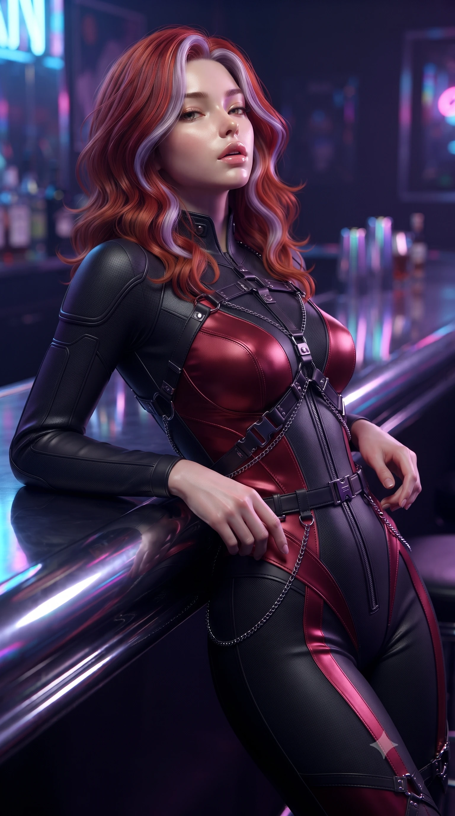 score_9, masterpiece, best quality, ultra-detailed, high-budget anime keyframe, editorial fashion photography, tasteful artistic composition, Caucasian woman. close-up cowboy shot from the waist and thighs up, the character dominates the composition, filling the frame with her large presence, background elements kept in soft focus. Tilting her chin up slightly with lips parted in a composed, magnetic expression, resting against a polished chrome bar counter reflecting neon neon reflections, high-contrast gloss and matte textures glinting under specular neon lights. She has an exceptionally elegant, slender, and willowy female figure with an ultra-slim waist, a gracefully sculpted slender torso, and a refined silhouette. sharp v-shaped jawline, high-bridge nose, intricate jewel-like eyes with depth, thick eyelashes, glossy lips with a natural sheen. wearing second-skin matte carbon-fiber combat suit in onyx black in dark charcoal gray, made of soft crimson satin, framed by dark titanium buckles and silver chain details, accentuating her gracefully sculpted slender torso. lit by piercing key rays emerging from deep futuristic shadows. ultra-reflective glossy finish, specular highlights, metallic sheen, high-contrast stereoscopic depth, volumetric dynamic lighting, 2k, ultra detail, master piece, 9:16 ratio