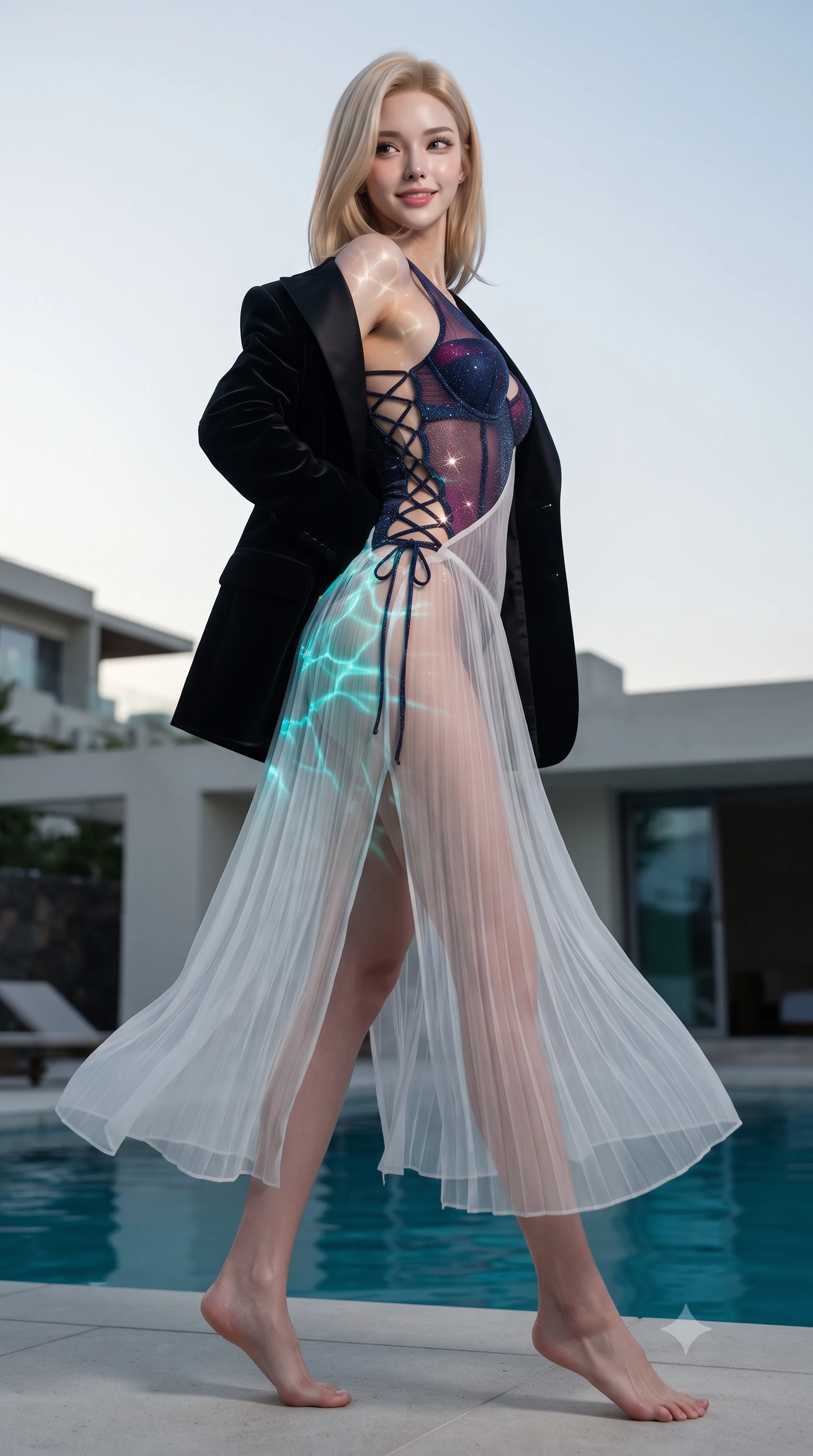 score_9, masterpiece, best quality, ultra-detailed, high-budget anime keyframe, editorial fashion photography, tasteful artistic composition, Korean woman. low angle full-body shot from head to toe showing her feet, filling the entire 9:16 vertical frame with her statuesque presence, stretching her vertical silhouette. executing a slow, graceful pivot turn as her skirt sways around her slender legs, glancing back with an enchanting, teasing sensual expression while twisting her slender torso in an alluring contrapposto stance, glowing turquoise pool caustics wrapping around her narrow waist and curvy hips. The surrounding environment is rendered in vivid detail and crisp panoramic clarity: detailed ethereal sheer pleated georgette resort slip dress, hip-high side slits, open cowl back, and coastal architecture in razor-sharp precision. She has an exceptionally tall and slender model-like 8.5-heads proportion, an ultra-slim waist, a flat toned midriff, narrow delicate ribcage, and beautifully sculpted feminine hips creating a graceful, slim hourglass silhouette without any bulky heaviness, with impossibly long slender legs. sharp v-shaped jawline, high-bridge nose, intricate jewel-like sparkling eyes with depth, thick eyelashes, glossy parted lips with a natural peach sheen, bright cheerful beaming smile with an enchanting and coquettish sensual glint, exuding both youthful cute charm and seductive allure, flawlessly proportioned anatomical accuracy, strict slender model proportions, natural body alignment, perfectly sculpted long slender limbs, ultra-slim waistline, clean dynamic posture without body distortion. wearing a tailored liquid velvet smoking blazer worn unbuttoned and draped on bare shoulders over a sheer noir mesh underwire bodysuit in Huangpu midnight sapphire and neon magenta, woven from stretch metallic lurex jersey casting radiant starlight glints across her curves, featuring fine criss-cross lace-up side ties revealing tantalizing glimpses of her hip curve, the high-slit wrap tailoring accentuating her ultra-slim waistline and the enchanting curve of her feminine hips with alluring seductive charm. illuminated by water surface reflection bounce and sharp platinum-cyan rim lights defining her dewy collarbones, ultra-slim waist, and curvy hips. ultra-reflective glossy finish, specular highlights, rich textural contrasts, high-contrast stereoscopic depth, volumetric dynamic lighting, 2k, ultra detail, master piece, 9:16 ratio