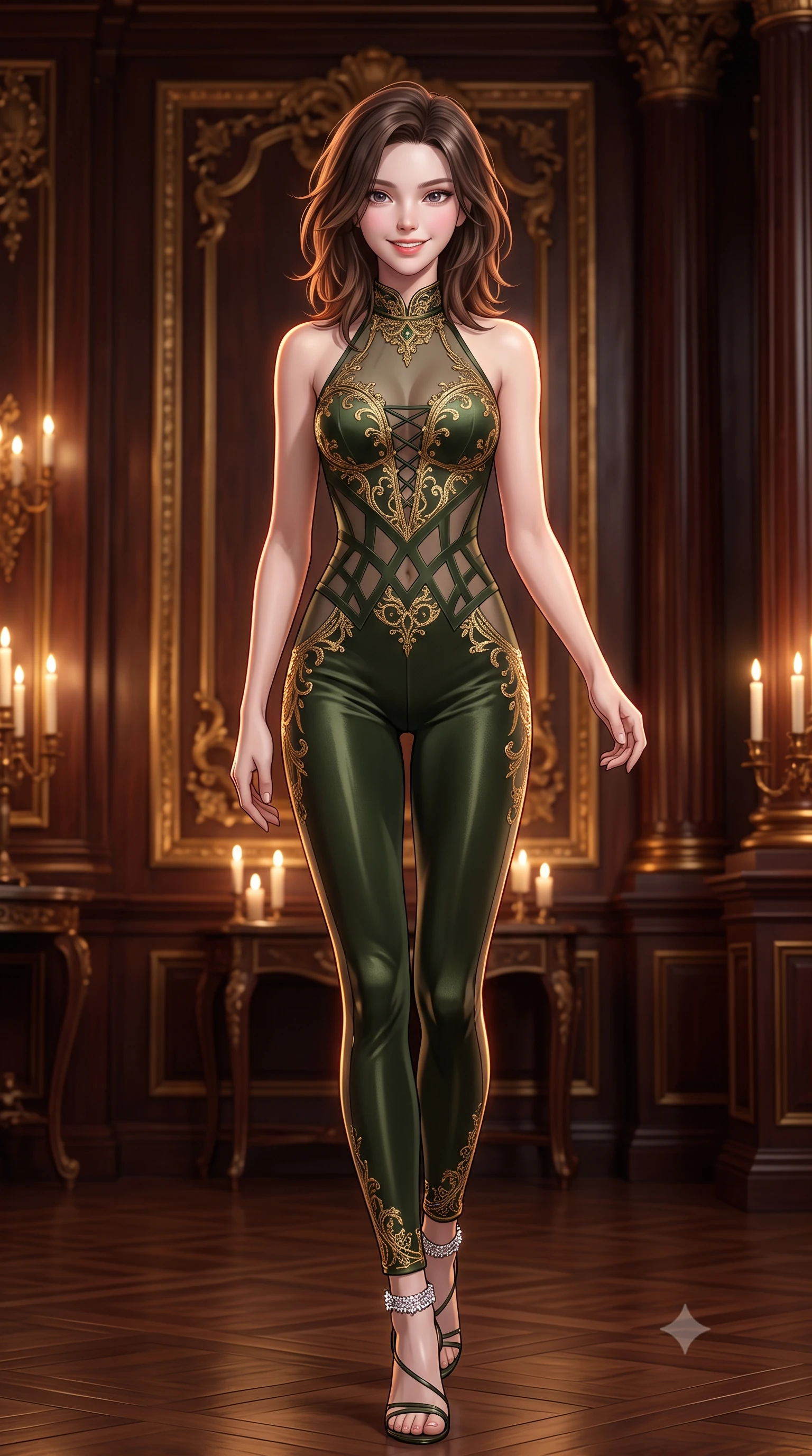 score_9, masterpiece, best quality, ultra-detailed, high-budget anime keyframe, semi-realistic 3D game render, editorial fashion photography, tasteful artistic composition, Korean woman. low angle full-body shot from head to toe showing her feet, filling the entire 9:16 vertical frame with her statuesque presence, stretching her vertical silhouette. stepping slowly toward the camera with hypnotic grace, hips swaying in an alluring sensual rhythm that accentuates her curvy hourglass silhouette and long slender legs while standing poised between monumental gilded wall panels, arching her lower back with sovereign supermodel poise as candlelight reflects on polished mahogany. The surrounding environment is rendered in vivid detail and crisp panoramic clarity: detailed form-contouring sheer gossamer silk slip dress, side lace-up corset ties, and historic British craft in razor-sharp precision. She has an exceptionally tall and slender model-like 8.5-heads proportion, an ultra-slim waist, a flat toned midriff, narrow delicate ribcage, and beautifully sculpted feminine hips creating a graceful, slim hourglass silhouette without any bulky heaviness, with impossibly long slender legs. sharp v-shaped jawline, high-bridge nose, intricate jewel-like sparkling eyes with depth, thick eyelashes, glossy parted lips with a natural peach sheen, bright cheerful beaming smile with an enchanting and coquettish sensual glint, exuding both youthful cute charm and seductive allure, flawlessly proportioned anatomical accuracy, strict slender model proportions, natural body alignment, perfectly sculpted long slender limbs, ultra-slim waistline, clean dynamic posture without body distortion. wearing a provocative backless sheer illusion halter catsuit with strategic opaque geometric panels hugging her hourglass waist in Gion antique matcha green and gilded gold leaf, tailored from ultra-plush silk velvet with rich tactile depth and deep shadow gradients, complemented by strappy stiletto sandals with crystal ankle wraps accentuating her slender calves, the second-skin tailored fabric adhering flawlessly to her sculpted flat midriff and slender torso, emphasizing her long leg lines and perfectly proportioned willowy build. illuminated by dark wood reflection bounce and sharp copper-gold rim lights defining her razor-sharp jawline, narrow waist, and curvy hips. highly saturated vibrant anime colors, detailed shading with soft gradients, rich glossy textures, high-contrast stereoscopic depth, volumetric dynamic lighting, master piece, 9:16 ratio