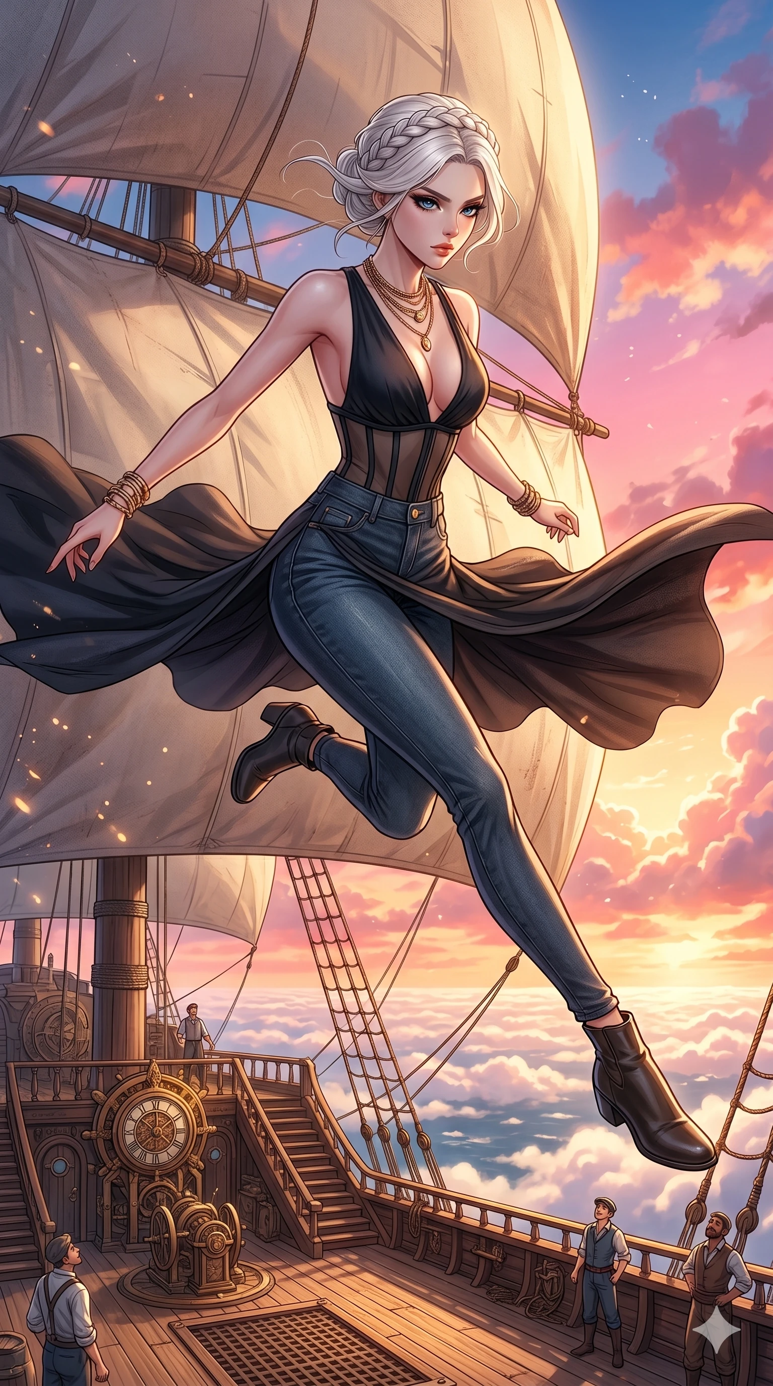 score_9, masterpiece, best quality, ultra-detailed, Set C: High-budget Anime Keyframe, Korean woman. Low angle cowboy shot filling the entire 9:16 frame with her statuesque presence. Leaping across the sails of a giant airship in the clouds. She has an absolutely perfect 8-heads proportion, an exceptionally tall and slender female figure with impossibly long slender legs and an ultra-slim waist. Sharp v-shaped jawline, high-bridge nose, intricate jewel-like eyes with depth, thick eyelashes, glossy lips. Wearing an Urban Trendsetter outfit: deep-cut bodycon dress with high-waist denim and sheer corset. Background is a bright and colorful sky with vibrant orange clouds and a wooden airship deck. 2k, ultra detail, master piece, 9:16 ratio