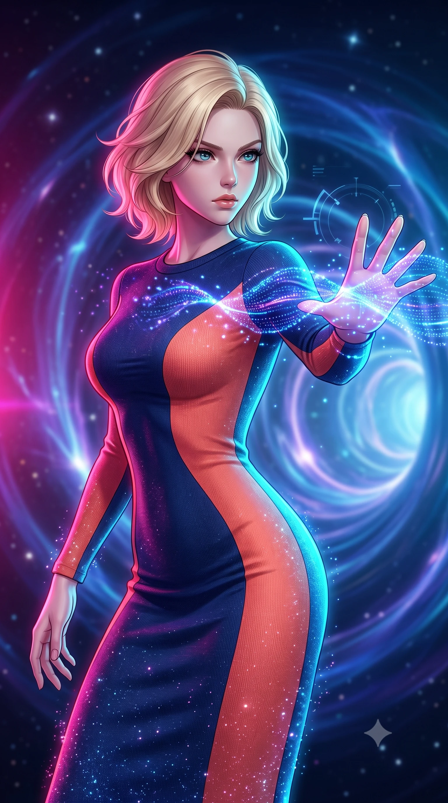 score_9, masterpiece, best quality, ultra-detailed, high-budget anime keyframe, editorial fashion photography, tasteful artistic composition, Caucasian woman, strictly human ears. close-up cowboy shot from the waist and thighs up, the character dominates the composition, filling the frame with her large presence, background elements kept in soft focus. Casting a digital tracking wave with an outstretched hand, her gaze locked on the escaping target. set against a soft-focus background of the entrance of a stabilizing wormhole, space-time warping in a blue and violet gravity funnel in deep space. She has an exceptionally elegant and slender, willowy female figure with an ultra-slim waist, a gracefully sculpted slender torso, and a refined slim physique. sharp v-shaped jawline, high-bridge nose, intricate jewel-like eyes with depth, thick eyelashes, glossy lips with a natural sheen. wearing catching and diffusing the glowing particles, shimmering softly in response to the surrounding light, a form-contouring precision-fitted long-sleeve knit midi dress in a vibrant color block of navy and warm coral, contouring her slender torso. highly saturated vibrant anime colors, intense vivid color palette, soft 3D volumetric shading, volumetric dynamic lighting, dual-tone lighting with hot magenta from the left and cool cyan from the right. 2k, ultra detail, master piece, 9:16 ratio