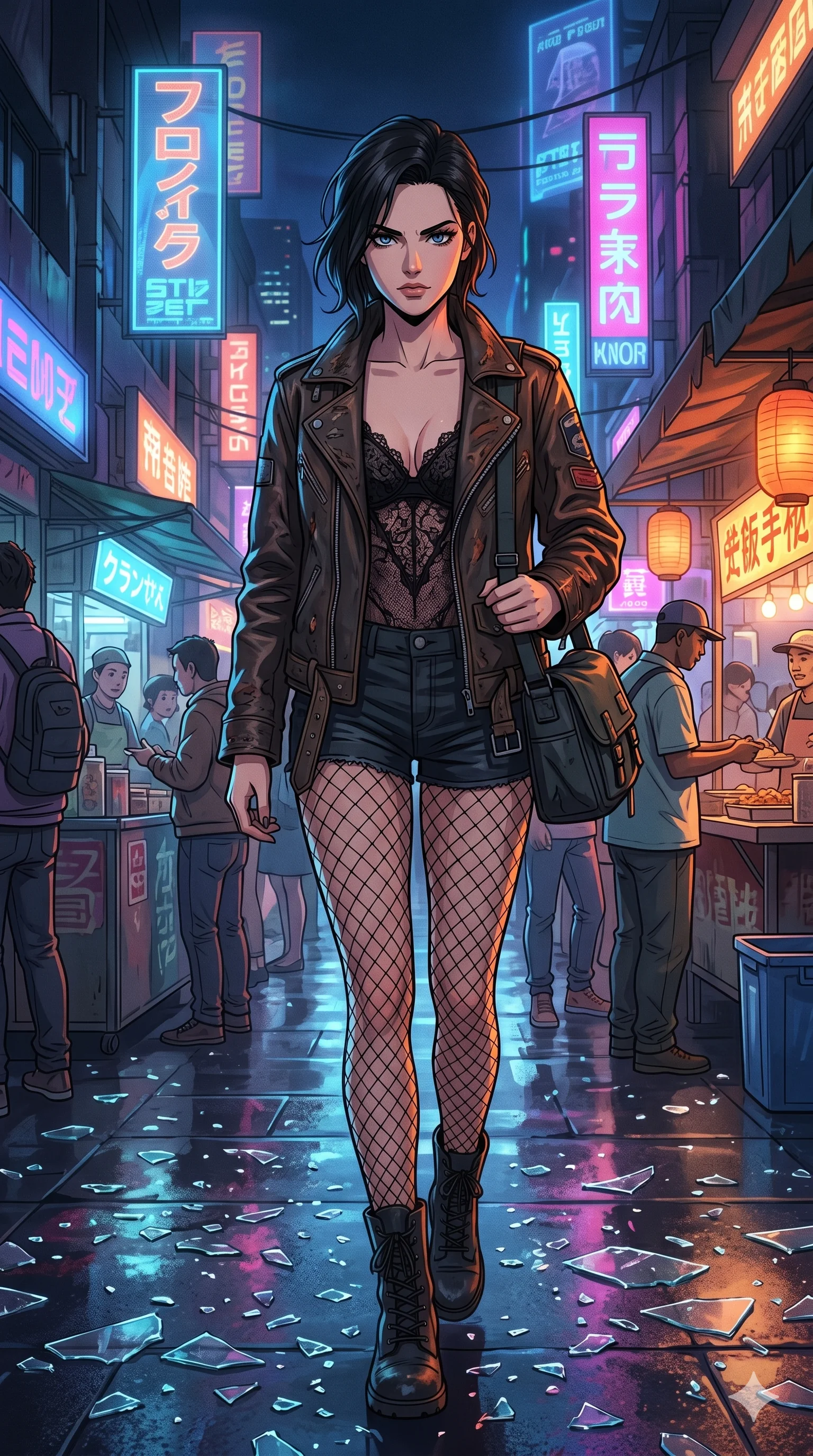 score_9, masterpiece, best quality, ultra-detailed, Set A: High-budget Anime Keyframe, Caucasian (strictly human ears) woman. Upper body close-up from the thighs up, character filling the screen for maximum presence. Walking gracefully through a futuristic night market, with a look of intense determination reflecting the fires of 177 and surrounded by shattered glass fragments. She has an absolutely perfect 8-heads proportion, an exceptionally tall and slender female figure with impossibly long slender legs and an ultra-slim waist. Sharp v-shaped jawline, high-bridge nose, intricate jewel-like eyes with depth, thick eyelashes, glossy lips with a natural sheen. Wearing Distressed leather jacket over a delicate lace teddy and fishnet stockings. Cinematic lighting, vibrant colors, dramatic shadows, 2k, ultra detail, master piece, 9:16 ratio