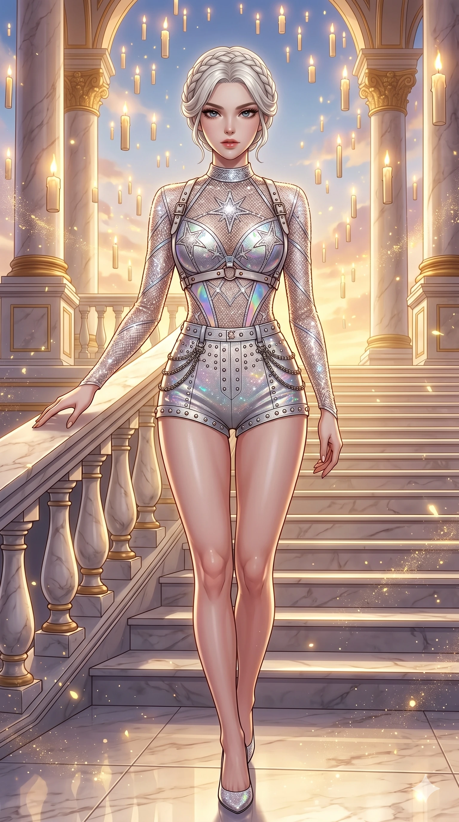 score_9, masterpiece, best quality, ultra-detailed, Set C: High-budget Anime Keyframe, Korean woman. Upper body close-up from the thighs up, character filling the screen for maximum presence. Descending a grand marble staircase in a palace filled with floating candles and gold dust. She has an absolutely perfect 8-heads proportion, an exceptionally tall and slender female figure with an slender waist and regal posture. Sharp v-shaped jawline, high-bridge nose, intricate jewel-like eyes with depth, thick eyelashes, glossy lips. Wearing a K-Idol Stage outfit: silver mesh bodysuit with a decorative harness and studded stage shorts. Background is a bright and colorful palace interior with warm golden lighting and thousands of floating candles. 2k, ultra detail, master piece, 9:16 ratio
