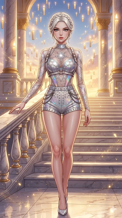 score_9, masterpiece, best quality, ultra-detailed, Set C: High-budget Anime Keyframe, Korean woman. Upper body close-up from the thighs up, character filling the screen for maximum presence. Descending a grand marble staircase in a palace filled wit