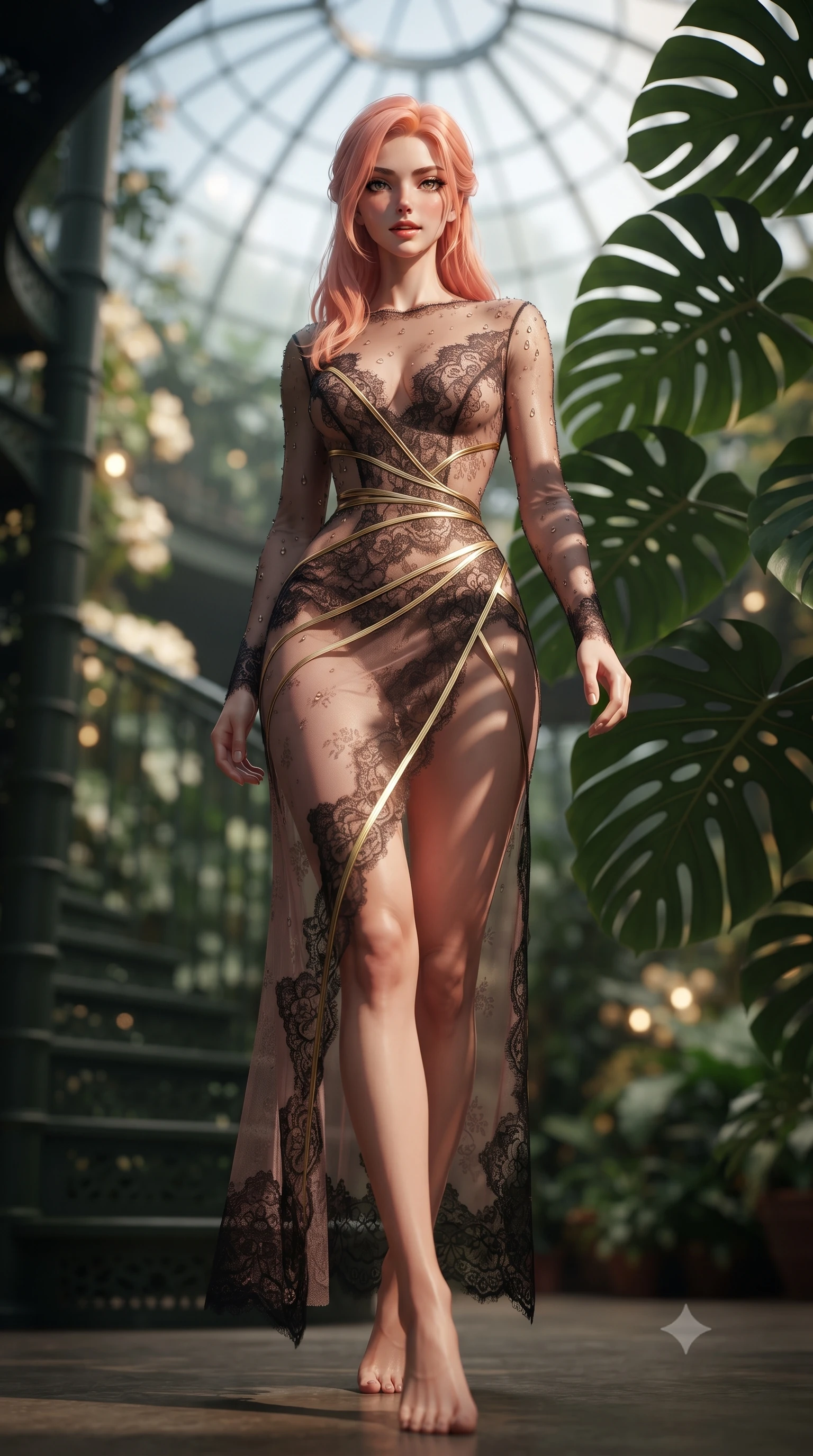 score_9, masterpiece, best quality, ultra-detailed, high-budget anime keyframe, editorial fashion photography, tasteful artistic composition, Japanese woman. low angle full-body shot from head to toe showing her feet, filling the entire 9:16 vertical frame with her statuesque presence, stretching her vertical silhouette. stepping slowly toward the camera with hypnotic grace, hips swaying in an alluring sensual rhythm that accentuates her curvy hourglass silhouette and long slender legs while twisting her slender torso in an alluring contrapposto stance, dramatic leaf-shadow patterns dancing across her narrow waist and hips. The background shows a soft-focus monumental perforated monstera deliciosa leaves, spiraling iron stair steps, and glass dome above blurred into deep jungle green, cream, and gold bokeh. She has an absolutely perfect, statuesque 8.5-heads proportion, an exceptionally tall and slender model-like female figure with impossibly long slender legs, an ultra-slim waist, a flat toned midriff, narrow delicate ribcage, and beautifully sculpted feminine hips creating a graceful, slim hourglass silhouette without any bulky heaviness. sharp v-shaped jawline, high-bridge nose, sparkling eyes with hypnotic seductive depth, thick curled eyelashes, glossy parted lips with a natural dewy peach sheen, alluring bedroom-eyes with an enchanting coquettish smile, exuding magnetic siren charisma and sophisticated glamour, flawlessly proportioned anatomical accuracy, strict slender model proportions, natural body alignment, perfectly sculpted long slender limbs, ultra-slim waistline, clean dynamic posture without body distortion. wearing a provocative sheer illusion mesh gown with liquid gold ribbons contouring her flat midriff and curvaceous hips in dusky blush rose and antique black chantilly lace, made of semi-opaque stretch illusion mesh with soft shadowy contours, complemented by glistening drops of moisture beading across her sculpted shoulders and flat midriff, the high-slit wrap tailoring accentuating her ultra-slim waistline and the enchanting curve of her feminine hips with alluring seductive charm. illuminated by leaf surface specular bounce and sharp warm-amber rim lights sculpting her jawline, flat midriff, and voluptuous hip curves. ultra-reflective glossy finish, specular highlights, rich textural contrasts, high-contrast stereoscopic depth, volumetric dynamic lighting, 2k, ultra detail, master piece, 9:16 ratio