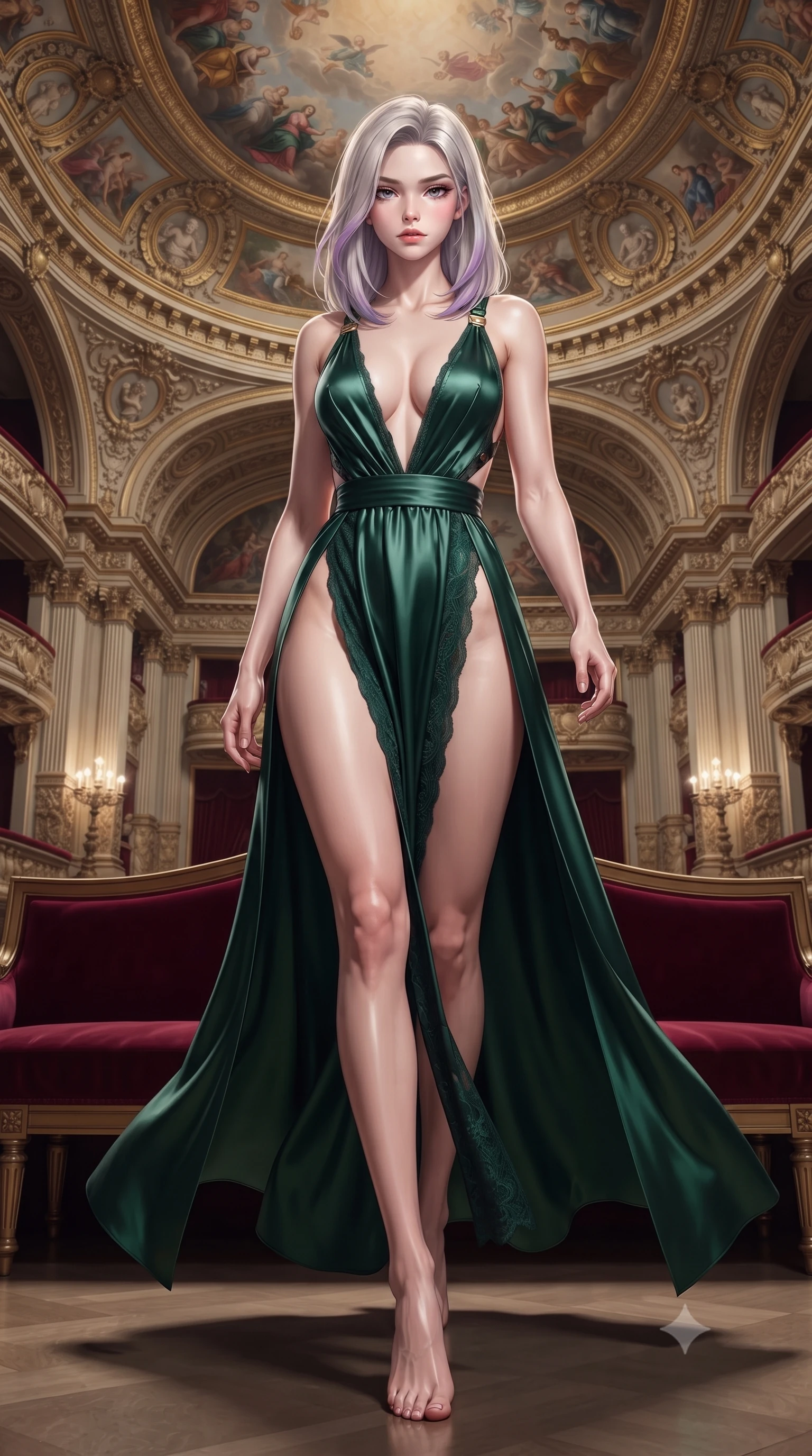 score_9, masterpiece, best quality, ultra-detailed, high-budget anime keyframe, editorial fashion photography, tasteful artistic composition, Caucasian woman. low angle full-body shot from head to toe showing her feet, filling the entire 9:16 vertical frame with her statuesque presence, stretching her vertical silhouette. striding forward in a proud supermodel runway stride, hips swaying in an alluring kinetic rhythm that accentuates her curvy hourglass silhouette while reclining across a crimson velvet banquette beneath soaring allegorical ceiling frescoes, her long slender legs and sculpted waist commanding the opulent opera space. The surrounding environment is rendered in vivid detail and crisp panoramic clarity. detailed velvet and lace gown texture, diamond jewelry shimmer, and classical opera architecture in high clarity. She has an exceptionally tall and slender model-like 8.5-heads proportion, an ultra-slim waist, a flat toned midriff, narrow delicate ribcage, and beautifully sculpted feminine hips creating a graceful, slim hourglass silhouette without any bulky heaviness, with impossibly long slender legs. sharp v-shaped jawline, high-bridge nose, intricate jewel-like eyes with depth, thick eyelashes, glossy parted lips with a natural sheen, intensely captivating and seductive bedroom-eyes expression, flawlessly proportioned anatomical accuracy, strict slender model proportions, natural body alignment, perfectly sculpted long slender limbs, ultra-slim waistline, clean dynamic posture without body distortion. wearing a plunging-V neckline duchess satin gown with high side slits ascending to the high hip in deep emerald green satin and gold hardware, tailored from ultra-smooth duchess satin with a pearlescent sheen, featuring an open-back criss-cross harness strap in dark leather, the dramatically scooped open back descending to the base of her spine, accentuating her razor-sharp statuesque lines and slim hourglass silhouette. illuminated by crisp directional spotlights sharply defining her sculpted collarbones, ultra-slim waist, and curvy hips. ultra-reflective glossy finish, specular highlights, rich textural contrasts, high-contrast stereoscopic depth, volumetric dynamic lighting, 2k, ultra detail, master piece, 9:16 ratio