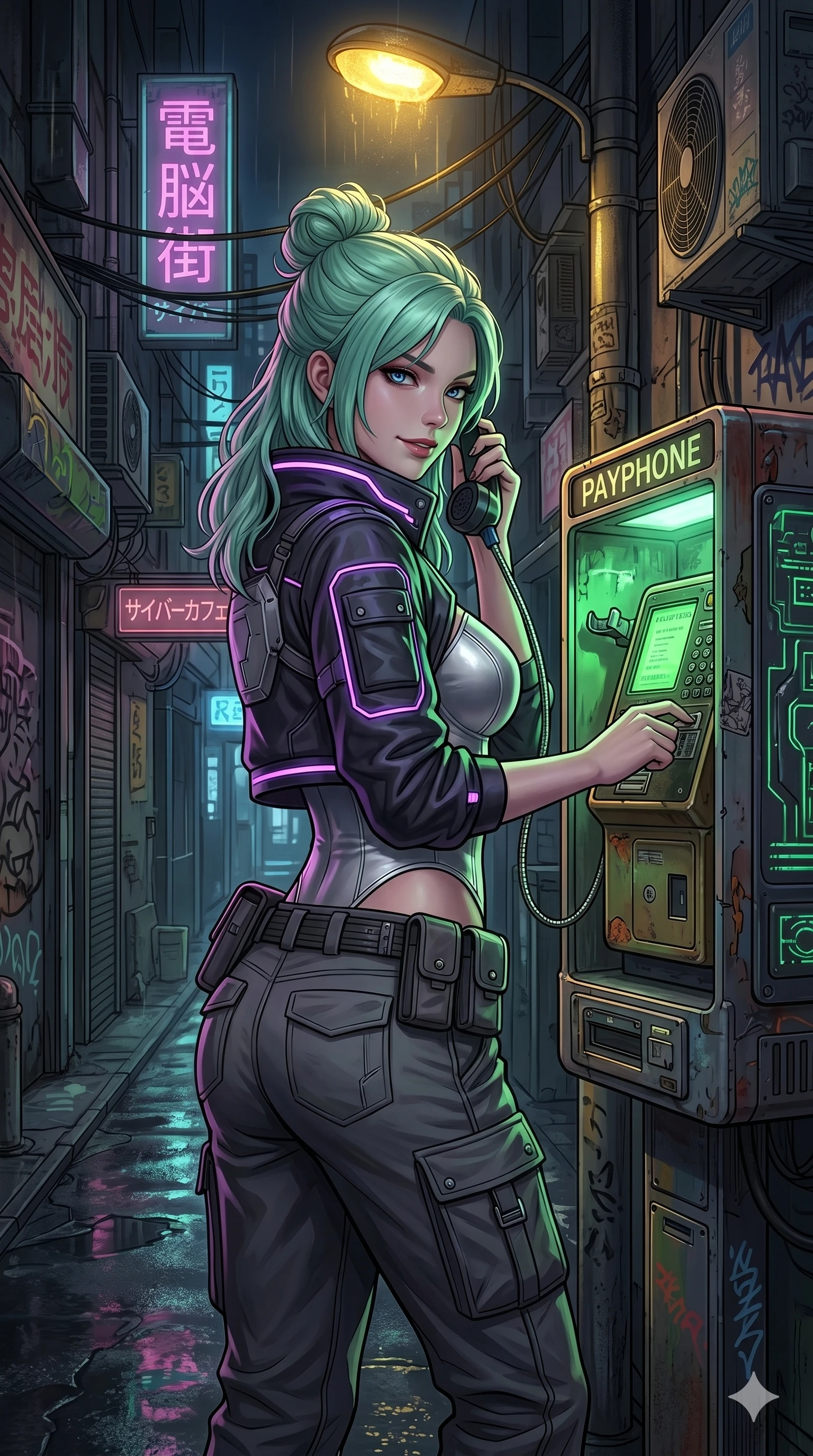score_9, masterpiece, best quality, ultra-detailed, high-budget anime keyframe, semi-realistic 3D game render, Japanese woman. Upper body close-up from the thighs up, character filling the screen for maximum presence. Standing next to a retro payphone in a cyber-alley, holding the receiver, looking back with an enigmatic, intense smile. She is wearing a cropped cyber-jacket over a silver bodice and cargo pants with belt. The scene is lit by a single flickering yellow streetlight and a green phone screen. 2k, ultra detail, master piece, 9:16 ratio