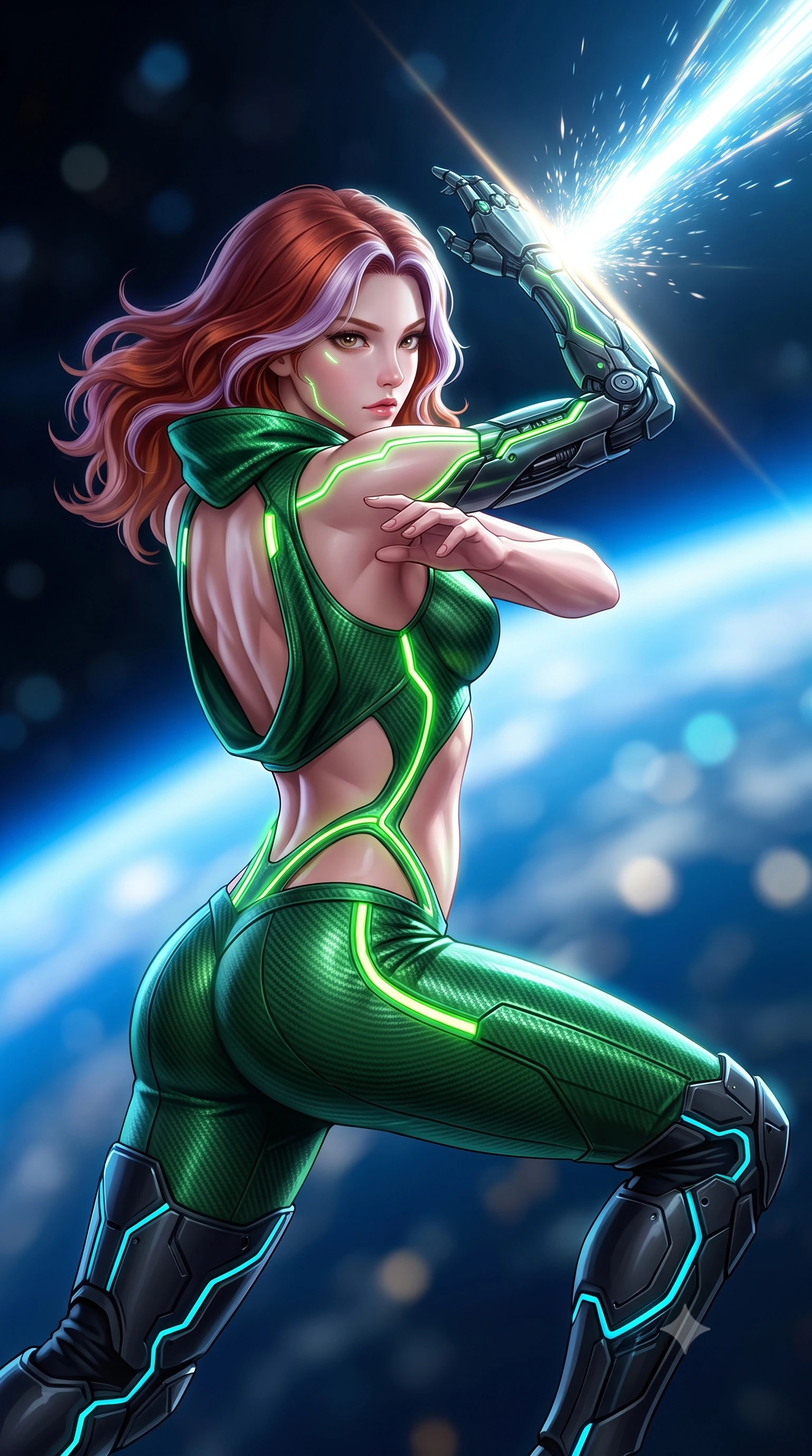 score_9, masterpiece, best quality, ultra-detailed, high-budget anime keyframe, semi-realistic 3D game render, editorial fashion photography, tasteful artistic composition, Caucasian woman. close-up cowboy shot from the waist and thighs up, the character dominates the composition, filling the frame with her large presence. shifting into a low cat-stance with arms crossed defensively, glowing energy conduits tracing her ultra-slim waist and sculpted clavicle while pivoting dynamically as her cybernetic arm deflects a high-velocity particle beam into the upper atmosphere. The composition keeps background elements in soft focus with creamy bokeh. glowing blue horizon of planet Earth and deep starry space blurred into clean azure, white, and pitch-black bokeh. She has an exceptionally elegant, slender, and willowy female figure with an ultra-slim waist, a gracefully sculpted slender torso, toned flat midriff, and a refined slim silhouette. sharp v-shaped jawline, high-bridge nose, intricate jewel-like eyes with depth, thick eyelashes, glossy lips with a natural sheen, flawlessly proportioned anatomical accuracy, strict slender model proportions, natural body alignment, perfectly sculpted long slender limbs, ultra-slim waistline, clean dynamic posture without body distortion. wearing a tailored emerald-green carbon-fiber tactical jumpsuit with glowing lime LED channels, open cowl back, and reinforced combat shin-guards in matte obsidian carbon black with electric cyan conduits, made of lightweight aerodynamic carbon-titanium alloy with polished edge bevels, accented with glowing fiber-optic conduits tracing her collarbones and hip curves, the precision-cut daring openings accentuating her delicate midriff, graceful bare collarbones, and ultra-slim feminine waistline. illuminated by crisp specular highlights tracing her sculpted collarbones, waistline, and long slender legs. rich saturated anime colors with glowing neon highlights, detailed shading with soft gradients, rich glossy textures, high-contrast stereoscopic depth, volumetric dynamic lighting, master piece, 9:16 ratio