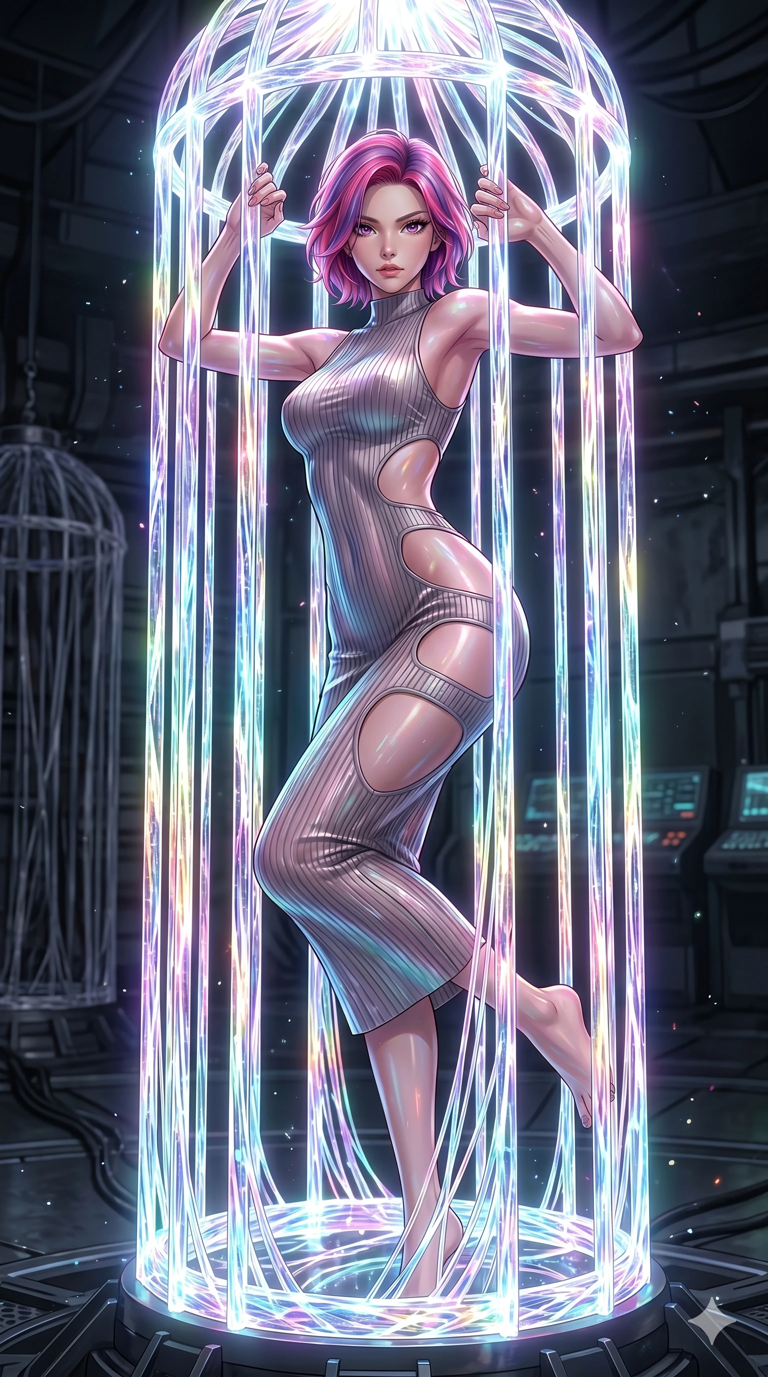 score_9, masterpiece, best quality, ultra-detailed, High-budget Anime Keyframe, East Asian woman. Dynamic full-body shot stretching the vertical silhouette to the limit. Scenario 242: Trapped in a cage of glowing crystalline fibers, body pressing against the bars. Her presence is magnetic and overpowering in this high-budget anime scene. Outfit 242: A ribbed bodycon knit second with a strategic side cut-outs and wet-look texture. The clothing is designed to emphasize her exceptionally tall and slender 8-heads proportion. 8-heads proportion, towering silhouette, ultra-slim waist. sharp v-shaped jawline, intricate jewel-like eyes with depth, thick eyelashes, glossy lips. 2k, ultra detail, master piece, 9:16 ratio