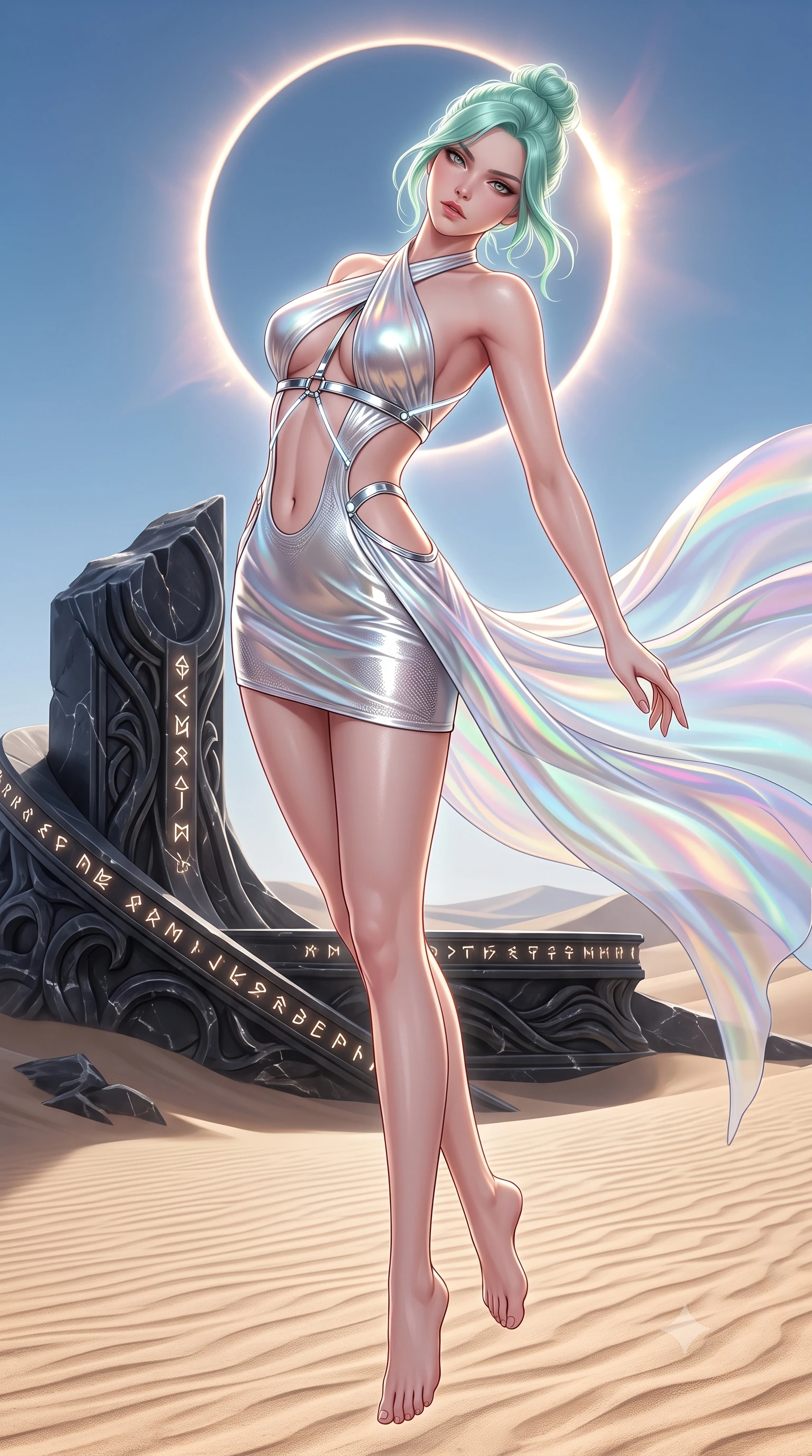 score_9, masterpiece, best quality, ultra-detailed, high-budget anime keyframe, semi-realistic 3D game render, editorial fashion photography, tasteful artistic composition, Japanese woman. low angle full-body shot from head to toe showing her feet, filling the entire 9:16 vertical frame with her statuesque presence, stretching her vertical silhouette. performing an alluring mid-air vault with flawless poise, looking directly into the camera with smoldering intensity while arching her spine in a powerful yet alluring stance against the desert winds as cosmic corona flares illuminate her silhouette. The surrounding environment is rendered in vivid detail and crisp panoramic clarity. intricate black marble altar carvings, wind-swept sand ripples, and razor-sharp eclipse ring in high clarity. She has an absolutely perfect, statuesque 8.5-heads proportion, an exceptionally tall and slender model-like female figure with impossibly long slender legs, a toned flat midriff, and an ultra-slim waist. sharp v-shaped jawline, high-bridge nose, intricate jewel-like eyes with depth, thick eyelashes, glossy lips with a natural sheen, flawlessly proportioned anatomical accuracy, strict slender model proportions, natural body alignment, perfectly sculpted long slender limbs, ultra-slim waistline, clean dynamic posture without body distortion. wearing a molten silver liquid-metal mini dress featuring deep side-waist cutouts and a daring crossover halter neckline in glistening liquid pearl white with rainbow opalescence, made of smooth iridescent silk chiffon that shifts colors with movement, reinforced by a sleek metallic chrome harness and delicate glowing micro-straps, the liquid-tight tailored fabric emphasizing every curve of her tall, slender model proportions and sculptured silhouette during dynamic movement. surrounded by an awe-inspiring, mysterious, and fiercely sensual solar empress aura. highly saturated vibrant anime colors, detailed shading with soft gradients, rich glossy textures, high-contrast stereoscopic depth, volumetric dynamic lighting, master piece, 9:16 ratio