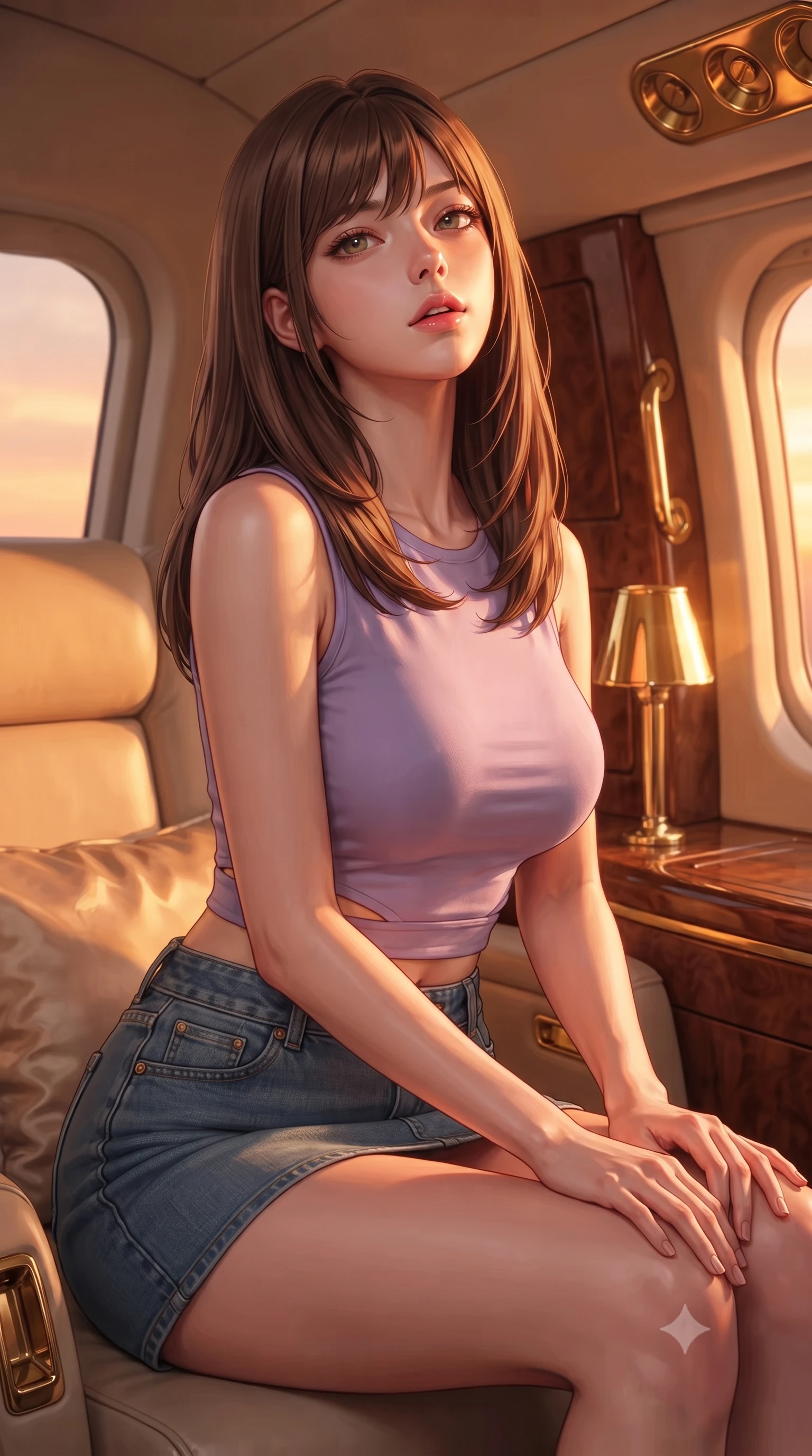 score_9, masterpiece, best quality, ultra-detailed, high-budget anime keyframe, editorial fashion photography, tasteful artistic composition, Korean woman. close-up cowboy shot from the waist and thighs up, the character dominates the composition, filling the frame with her large presence, background elements kept in soft focus. tilting her chin up slightly with lips parted in a composed, provocative expression the background shows a soft-focus a luxury helicopter cabin with wood panels, gold fixtures, and silk pillows. She has an exceptionally elegant, slender, and willowy female figure with an ultra-slim waist, a gracefully sculpted slender torso, and a refined silhouette. sharp v-shaped jawline, high-bridge nose, intricate jewel-like eyes with depth, thick eyelashes, glossy lips with a natural sheen. wearing a form-contouring modern crop top in lavender cotton paired with a low-rise denim skirt and a subtle waist cut-out. warm sunset light filtering through the window, painting the cabin in orange. ultra-reflective glossy finish, specular highlights, metallic sheen, high-contrast stereoscopic depth, volumetric dynamic lighting, 2k, ultra detail, master piece, 9:16 ratio
