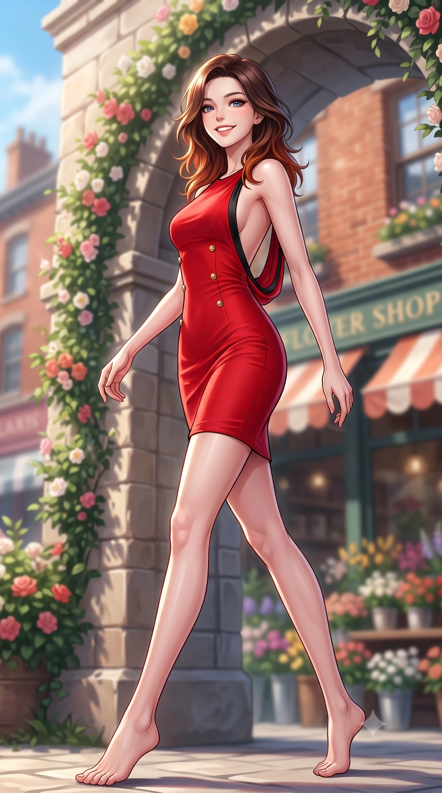 score_9, masterpiece, best quality, ultra-detailed, high-budget anime keyframe, editorial fashion photography, tasteful artistic composition, Korean woman. low angle full-body shot from head to toe showing her feet, filling the entire 9:16 vertical frame with her statuesque presence, stretching her vertical silhouette. walking forward in a proud dynamic stride with a cheerful beaming smile, her vertical silhouette filling the frame while resting near a flower-draped stone archway with a radiant beaming smile. The composition keeps background elements in soft focus with dreamy bokeh. terracotta brick facades and vintage flower shop awnings blurred into creamy background bokeh. She has an absolutely perfect, statuesque 8.5-heads proportion, an exceptionally tall and slender model-like female figure with impossibly long slender legs and an ultra-slim waist. sharp v-shaped jawline, high-bridge nose, intricate jewel-like eyes with depth, thick eyelashes, glossy lips with a natural sheen, flawlessly proportioned anatomical accuracy, natural body alignment, perfectly sculpted elegant limbs, clean dynamic posture without body distortion. wearing a precision-fitted bodycon dress with a graceful open draped back in vibrant scarlet red and sleek black trim, crafted from lightweight fluid chiffon, adorned with delicate gold buttons along the front, the glove-like fit emphasizing her statuesque silhouette during motion. illuminated by clear sky refractions and vibrant specular highlights. highly saturated vibrant anime colors, detailed shading with soft gradients, rich glossy textures, high-contrast stereoscopic depth, volumetric dynamic lighting, master piece, 9:16 ratio