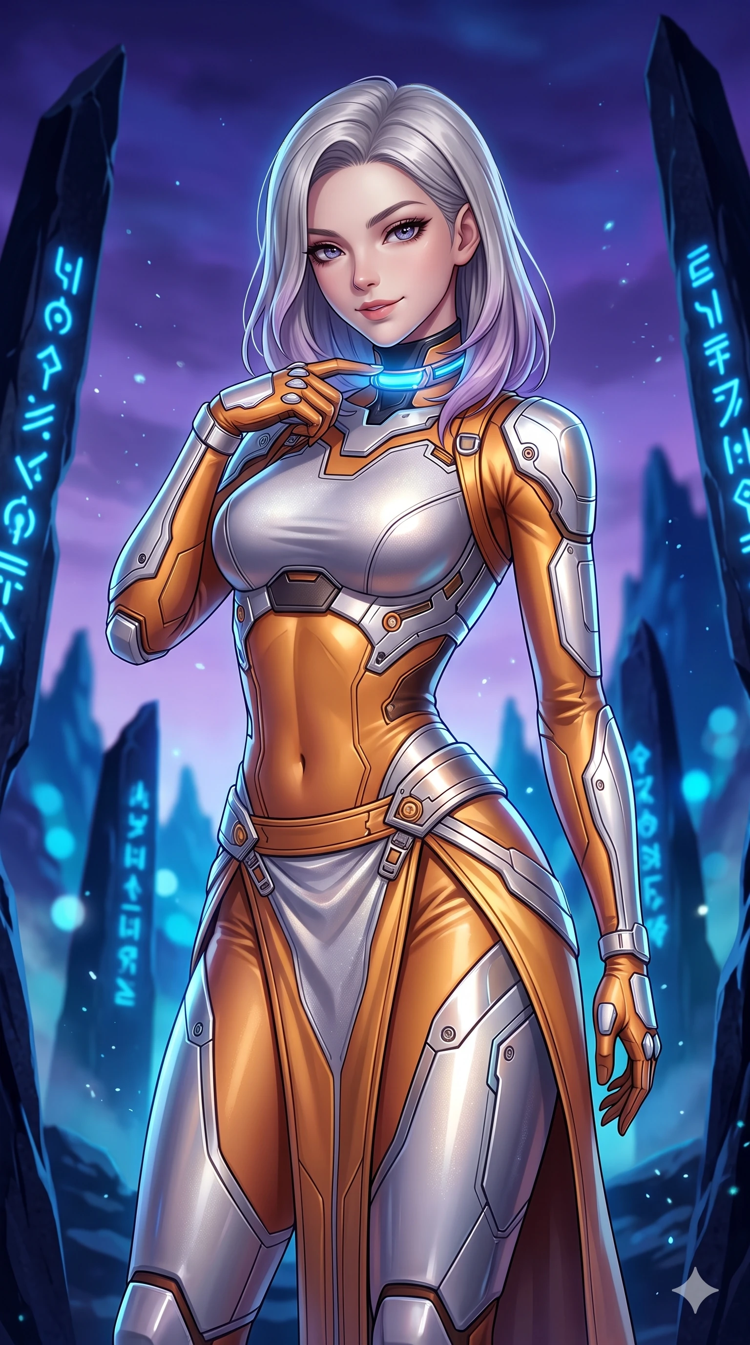 score_9, masterpiece, best quality, ultra-detailed, high-budget anime keyframe, semi-realistic 3D game render, editorial fashion photography, tasteful artistic composition, Caucasian woman. close-up cowboy shot from the waist and thighs up, the character dominates the composition, filling the frame with her large presence. tilting her head with a teasing half-smile, running one finger slowly along her glowing comm-link collar in a flirtatious gesture while standing poised amidst a circle of towering monolith spires etched with pulsing blue alien glyphs, arching her spine with dancer-like elegance. The background shows a soft-focus pulsing blue luminescent alien hieroglyphs, floating dust motes, and distant jagged obsidian mountain silhouettes blurred into sapphire, cyan, and deep indigo bokeh. She has an exceptionally elegant, slender, and willowy female figure with an ultra-slim waist, flat toned midriff, narrow ribcage, and sculpted feminine hips creating an alluring, slim hourglass silhouette without bulk. sharp v-shaped jawline, high-bridge nose, intricate jewel-like sparkling eyes with depth, thick eyelashes, glossy parted lips with a natural sheen, bright confident smile with an enchanting and coquettish sensual glint, exuding both youthful magnetic charm and sovereign high-tech allure, flawlessly proportioned anatomical accuracy, strict slender model proportions, natural body alignment, perfectly sculpted long slender limbs, ultra-slim waistline, clean dynamic posture without body distortion. wearing a cyber-samurai tactical suit featuring a shortened carbon chestplate and high-slit armored wrap skirt in cosmic eclipse amber and starlight diamond, woven from buttery-soft stretch lambskin leather adhering to her body like a second skin, accented with strategically placed chrome armor plate guards covering key curves, the form-fitting tactical tailoring adhering flawlessly to her sculpted flat midriff and slender torso, emphasizing her long leg lines and perfectly proportioned willowy build. bathed in the serene glowing cyan-blue light of the alien glyphs contrasting with the deep purple ambient twilight of the desert sky. highly saturated vibrant anime colors, detailed shading with soft gradients, rich glossy textures, high-contrast stereoscopic depth, volumetric dynamic lighting, master piece, 9:16 ratio