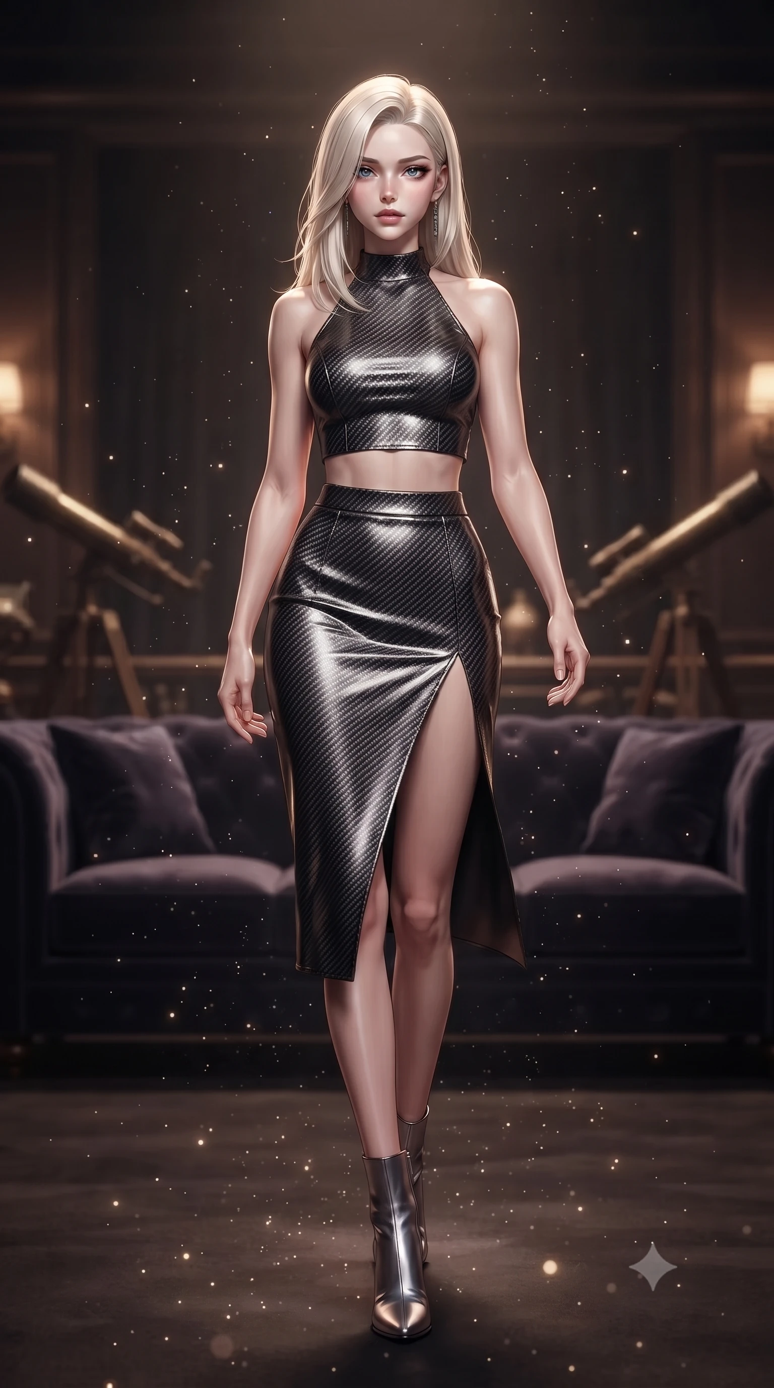 score_9, masterpiece, best quality, ultra-detailed, high-budget anime keyframe, editorial fashion photography, tasteful artistic composition, Caucasian woman. low angle full-body shot from head to toe showing her feet, filling the entire 9:16 vertical frame with her statuesque presence, stretching her vertical silhouette. stepping gracefully through floating stardust particles, her body-contouring suit showing her athletic, slender silhouette, the background shows a soft-focus a theater foyer lounge with dark velvet sofas and antique telescopes. She has an absolutely perfect, statuesque 8.5-heads proportion, an exceptionally tall and slender model-like female figure with impossibly long slender legs and an ultra-slim waist. sharp v-shaped jawline, high-bridge nose, intricate jewel-like eyes with depth, thick eyelashes, glossy lips with a natural sheen. wearing a tailored carbon-fiber halter-neck crop top paired with a matching high-slit midi skirt, revealing her slim waist. low-contrast warm ambient glow creating a mysterious, cozy mood inside. ultra-reflective glossy finish, specular highlights, metallic sheen, high-contrast stereoscopic depth, volumetric dynamic lighting, 2k, ultra detail, master piece, 9:16 ratio