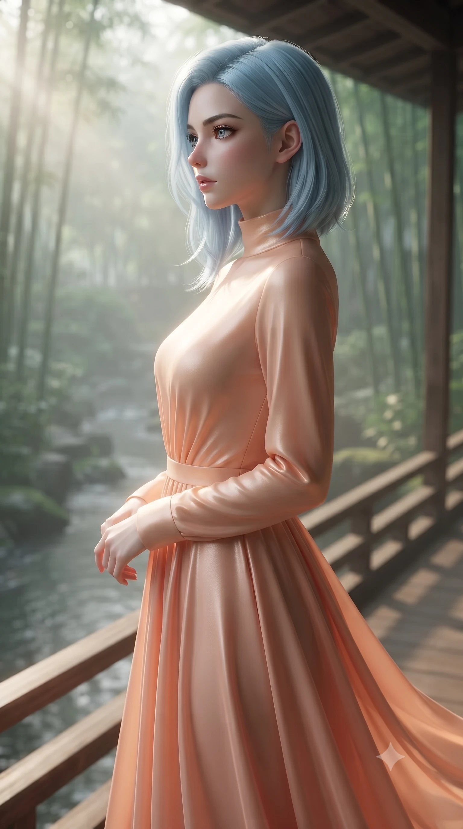 score_9, masterpiece, best quality, ultra-detailed, high-budget anime keyframe, editorial fashion photography, tasteful artistic composition, Korean woman woman. close-up cowboy shot from the waist and thighs up, the character dominates the composition, filling the frame with her large presence, background elements kept in soft focus. turning her face in sharp profile, casting a cold, mysterious, yet intensely alluring side gaze, the background shows a soft-focus a wooden deck of a traditional Japanese inn overlooking a quiet stream and bamboo grove. She has an exceptionally elegant, slender, and willowy female figure with an ultra-slim waist, a gracefully sculpted slender torso, and a refined silhouette. sharp v-shaped jawline, high-bridge nose, intricate jewel-like eyes with depth, thick eyelashes, glossy lips with a natural sheen. wearing a tailored flowy peach-colored chiffon lounge gown with long sleeves and a modest high collar. soft morning mist diffusing the sunlight, creating a tranquil atmosphere. ultra-reflective glossy finish, specular highlights, metallic sheen, high-contrast stereoscopic depth, volumetric dynamic lighting, 2k, ultra detail, master piece, 9:16 ratio