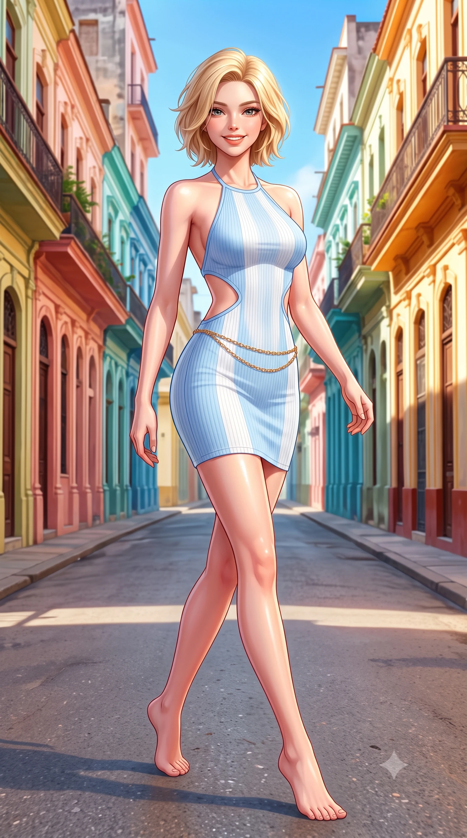 score_9, masterpiece, best quality, ultra-detailed, high-budget anime keyframe, semi-realistic 3D game render, editorial fashion photography, tasteful artistic composition, Caucasian woman. low angle full-body shot from head to toe showing her feet, filling the entire 9:16 vertical frame with her statuesque presence, stretching her vertical silhouette. stepping forward gracefully in mid-motion with a radiant beaming smile, hips swaying in an alluring kinetic rhythm that accentuates her curvy hourglass silhouette and long slender legs while sitting perched on the car's leather upholstery with legs crossed, her flat midriff and feminine hips highlighted by vibrant Caribbean sunlight. The surrounding environment is rendered in vivid detail and crisp panoramic clarity. detailed linen sundress weave, tropical sun glints on skin, and Old Havana street architecture in high resolution. She has an exceptionally tall and slender model-like 8.5-heads proportion, an ultra-slim waist, a flat toned midriff, narrow delicate ribcage, and beautifully sculpted feminine hips creating a graceful, slim hourglass silhouette without any bulky heaviness, with impossibly long slender legs. sharp v-shaped jawline, high-bridge nose, intricate jewel-like sparkling eyes with depth, thick eyelashes, glossy parted lips with a natural peach sheen, bright cheerful beaming smile with an enchanting and coquettish sensual glint, exuding both youthful cute charm and seductive allure, flawlessly proportioned anatomical accuracy, strict slender model proportions, natural body alignment, perfectly sculpted long slender limbs, ultra-slim waistline, clean dynamic posture without body distortion. wearing a backless pastel halter sundress with side-waist diamond cutouts and an ultra-fitted hip-hugging silhouette in soft baby blue and crisp cloud white, formed from supple second-skin stretch ribbed knit clinging to her form, accented with a delicate gold chain belt resting loosely on her curvy hips, the form-fitting cut adhering flawlessly to her sculpted flat midriff and slender torso, emphasizing her long leg lines and perfectly proportioned willowy build. illuminated by warm wall bounce light sharply sculpting her razor-sharp jawline, narrow waist, and curvy hips. highly saturated vibrant anime colors, detailed shading with soft gradients, rich glossy textures, high-contrast stereoscopic depth, volumetric dynamic lighting, master piece, 9:16 ratio