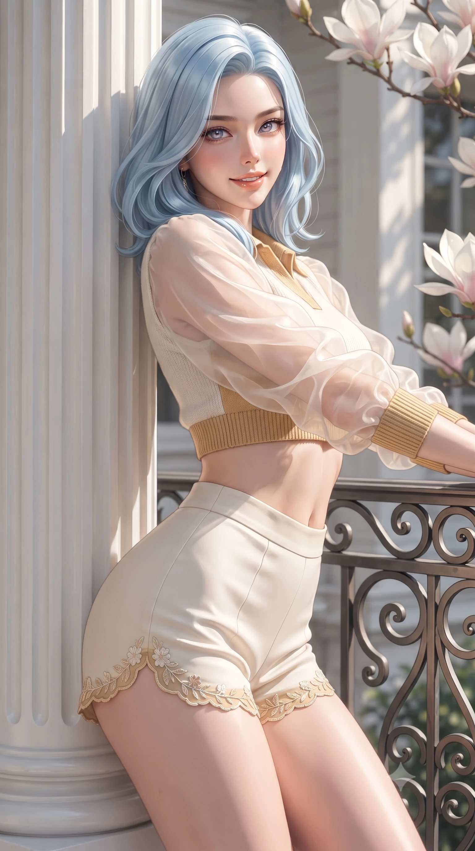 score_9, masterpiece, best quality, ultra-detailed, high-budget anime keyframe, editorial fashion photography, tasteful artistic composition, Korean woman. close-up cowboy shot from the waist and thighs up, the character dominates the composition, filling the frame with her large presence. leaning back against the sunlit railing with relaxed seductive grace, her flat midriff and narrow waist highlighted as she smiles brightly with bewitching eyes while leaning against the classic white entrance column with hips cocked back, looking over a bare shoulder with an alluring, high-spirited smile. The surrounding environment is rendered in vivid detail and crisp panoramic clarity. sharp white column fluting, wrought-iron railing scrollwork, and magnolia petal textures in deep focus. She has an exceptionally elegant, slender, and willowy female figure with an ultra-slim waist, flat toned midriff, narrow ribcage, and sculpted feminine hips creating an alluring, slim hourglass silhouette without bulk. sharp v-shaped jawline, high-bridge nose, intricate jewel-like sparkling eyes with depth, thick eyelashes, glossy parted lips with a natural peach sheen, bright cheerful beaming smile with an enchanting and coquettish sensual glint, exuding both youthful cute charm and seductive allure, flawlessly proportioned anatomical accuracy, strict slender model proportions, natural body alignment, perfectly sculpted long slender limbs, ultra-slim waistline, clean dynamic posture without body distortion. wearing a cropped knitted polo sweater paired with high-cut tailored tennis shorts hugging her rounded hips in pure alabaster white and sun-kissed gold, woven from layered gossamer organza with weightless flutter, complemented by delicate embroidered floral trim along the hem, the glove-like silhouette tightly following the natural contour of her hips and long slender legs with youthful 8.5-heads elegance. illuminated by white portico bounce light sharply sculpting her razor-sharp jawline, narrow waist, and curvy hips. ultra-reflective glossy finish, specular highlights, rich textural contrasts, high-contrast stereoscopic depth, volumetric dynamic lighting, 2k, ultra detail, master piece, 9:16 ratio