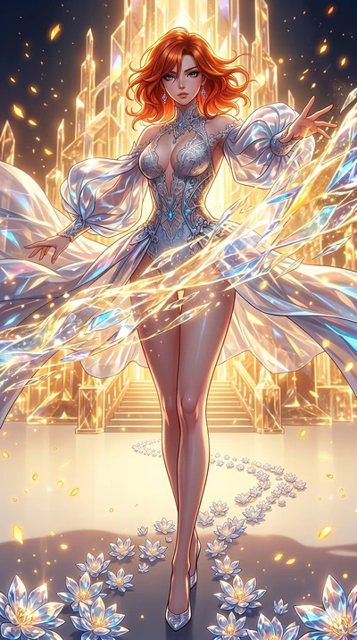 score_9, masterpiece, best quality, ultra-detailed, Set A: High-budget Anime Keyframe, Japanese woman. Low angle cowboy shot filling the entire 9:16 frame with her statuesque presence. Theme: Ethereal Dream. unleashing a massive energy wave in a temp