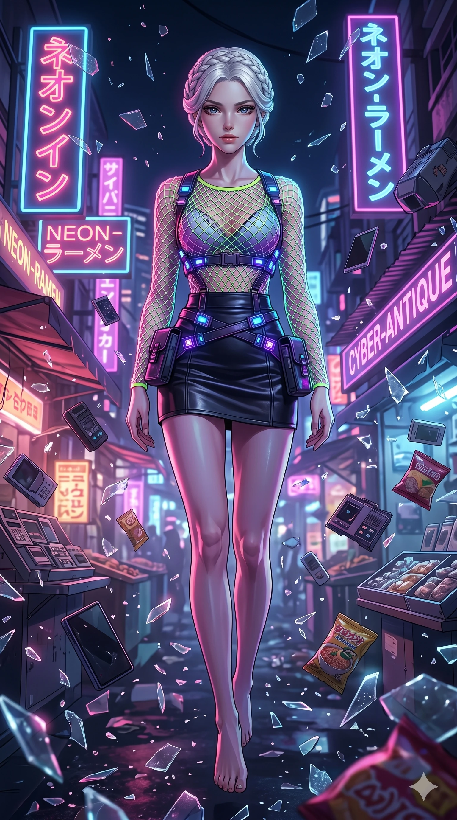 score_9, masterpiece, best quality, ultra-detailed, Set A: High-budget Anime Keyframe, Japanese woman. Low angle cowboy shot filling the entire 9:16 frame with her statuesque presence. Floating through a futuristic night market, as gravity fails and everything around her floats in state 176 and surrounded by shattered glass fragments. She has an absolutely perfect 8-heads proportion, an exceptionally tall and slender female figure with impossibly long slender legs and an ultra-slim waist. Sharp v-shaped jawline, high-bridge nose, intricate jewel-like eyes with depth, thick eyelashes, glossy lips with a natural sheen. Wearing Fluorescent mesh top with a leather mini-skirt and neon-lit harness details. Cinematic lighting, vibrant colors, dramatic shadows, 2k, ultra detail, master piece, 9:16 ratio