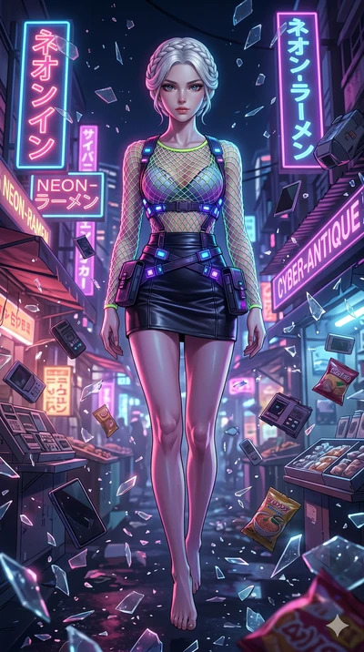score_9, masterpiece, best quality, ultra-detailed, Set A: High-budget Anime Keyframe, Japanese woman. Low angle cowboy shot filling the entire 9:16 frame with her statuesque presence. Floating through a futuristic night market, as gravity fails and 