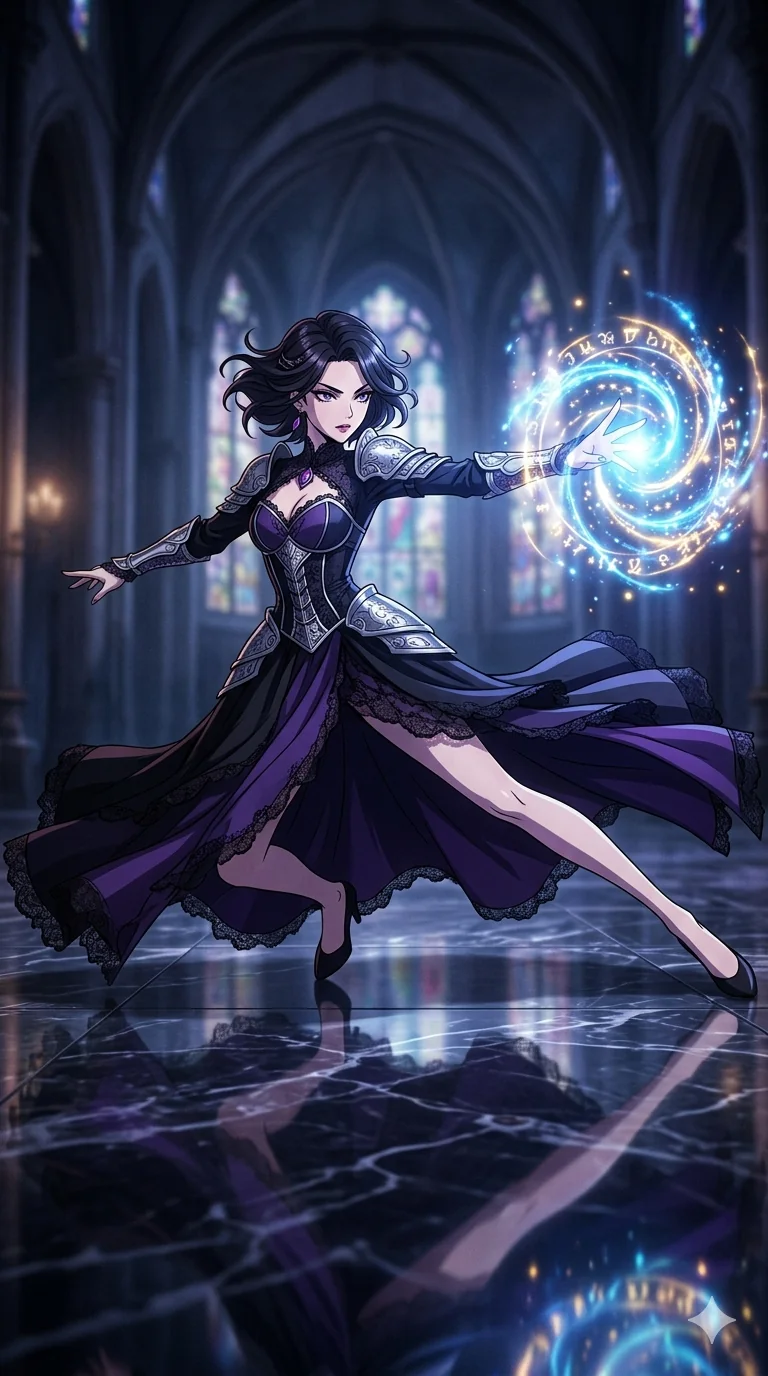 score_9, masterpiece, best quality, ultra-detailed, high-budget anime movie keyframe, cinematic anime lighting, intricate line art, Japanese anime girl. Mid-air action shot capturing a graceful twist and vertical silhouette. sliding across a polished marble floor while casting a spell. She has an absolutely perfect 8-heads proportion, an exceptionally tall and slender female figure with an ultra-slim waist and impossibly long slender legs. strictly human anatomy, two legs only, no extra limbs, clearly defined legs and arms, perfect anatomy, perfect hands and fingers. sharp v-shaped jawline, high-bridge nose, intricate jewel-like eyes, thick eyelashes, glossy lips. Wearing Dark Fantasy: Gothic lace corset gown, bell-sleeved sorceress robes, and engraved silver plate armor over silk. The scene is illuminated by dramatic atmospheric lighting and vibrant color palettes. , 2k, ultra detail, master piece, 9:16 ratio