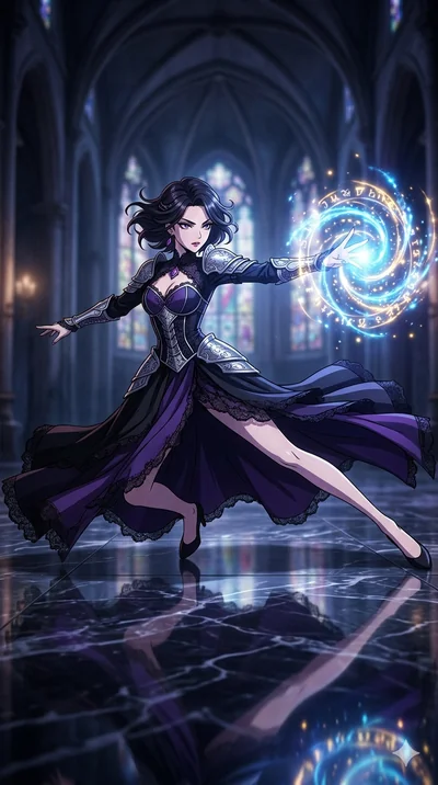score_9, masterpiece, best quality, ultra-detailed, high-budget anime movie keyframe, cinematic anime lighting, intricate line art, Japanese anime girl. Mid-air action shot capturing a graceful twist and vertical silhouette. sliding across a polished