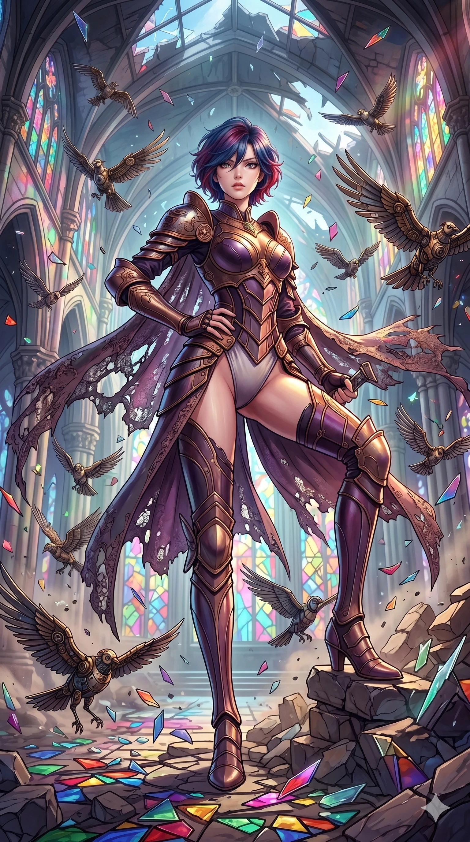 score_9, masterpiece, best quality, ultra-detailed, Set A: High-budget Anime Keyframe, Japanese woman. Low angle cowboy shot filling the entire 9:16 frame with her statuesque presence. Standing victoriously through a shattered glass cathedral, surrounded by a whirlwind of 122 mechanical birds and surrounded by shattered glass fragments. She has an absolutely perfect 8-heads proportion, an exceptionally tall and slender female figure with impossibly long slender legs and an ultra-slim waist. Sharp v-shaped jawline, high-bridge nose, intricate jewel-like eyes with depth, thick eyelashes, glossy lips with a natural sheen. Wearing Warrior-style plate armor over a high-cut silk leotard with tattered lace capes. Cinematic lighting, vibrant colors, dramatic shadows, 2k, ultra detail, master piece, 9:16 ratio