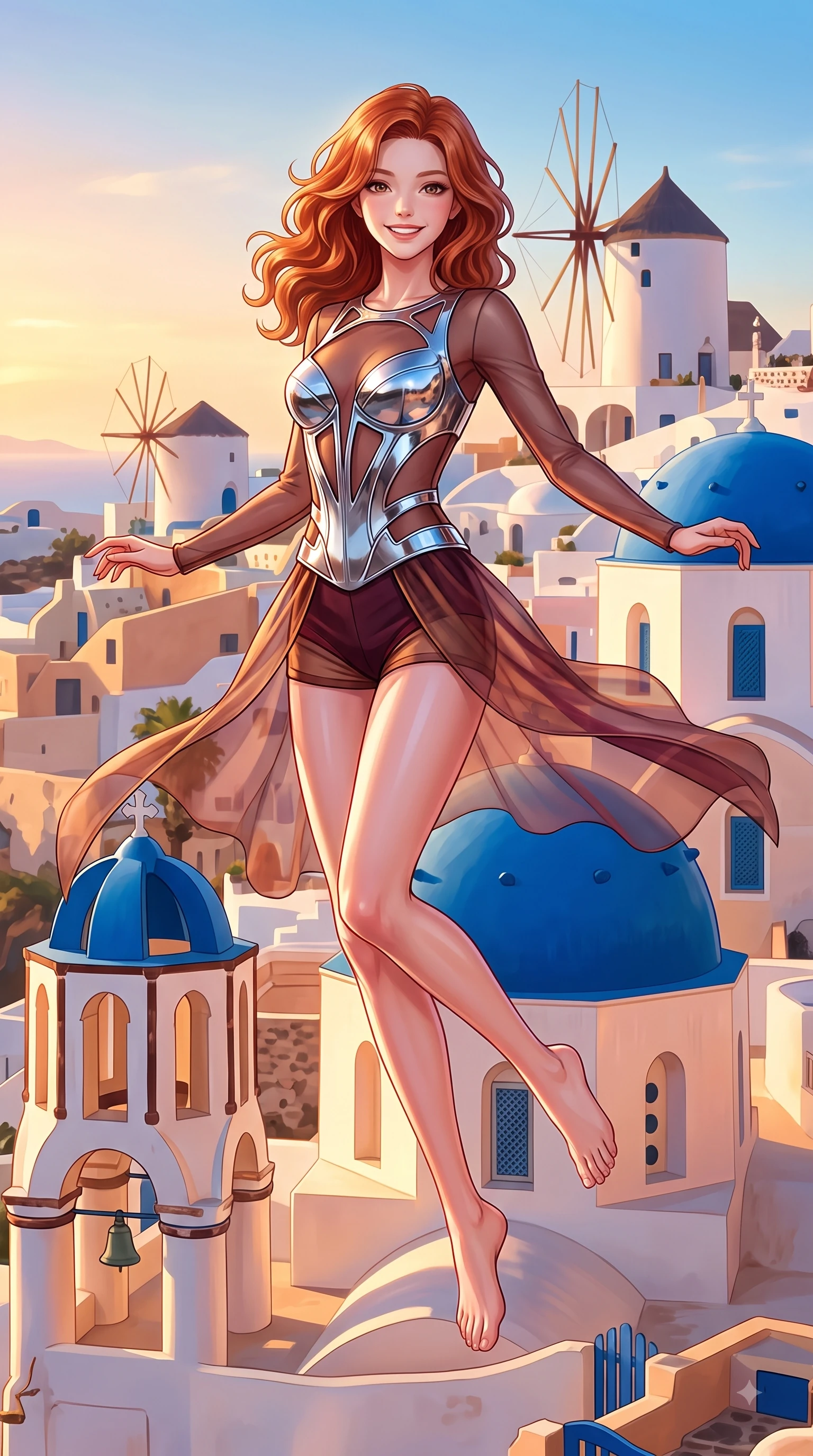 score_9, masterpiece, best quality, ultra-detailed, high-budget anime keyframe, editorial fashion photography, tasteful artistic composition, Caucasian woman. low angle full-body shot from head to toe showing her feet, filling the entire 9:16 vertical frame with her statuesque presence, stretching her vertical silhouette. performing a cheerful mid-air rotation with flawless poise, her radiant smile capturing pure happy energy while leaping playfully with a bright smile in front of iconic blue-domed churches and white windmills, fresh sea breezes swaying her lightweight resort gown into fluid, uplifting motions. She has an absolutely perfect, statuesque 8.5-heads proportion, an exceptionally tall and slender model-like female figure with impossibly long slender legs and an ultra-slim waist. sharp v-shaped jawline, high-bridge nose, intricate jewel-like eyes with depth, thick eyelashes, glossy lips with a natural sheen, flawlessly proportioned anatomical accuracy, natural body alignment, perfectly sculpted elegant limbs, clean dynamic posture without body distortion. wearing a chrome-plated structured bodice worn over a sheer mesh top and micro-shorts in deep burgundy and bronze, woven from fine semi-opaque sheer organza, featuring clean architectural cutouts along her slender torso, the elegant draped fit framing her graceful clavicle and slender torso. illuminated by warm golden sunlight with soft terracotta ambient fill. highly saturated vibrant anime colors, detailed shading with soft gradients, rich glossy textures, high-contrast stereoscopic depth, volumetric dynamic lighting, master piece, 9:16 ratio