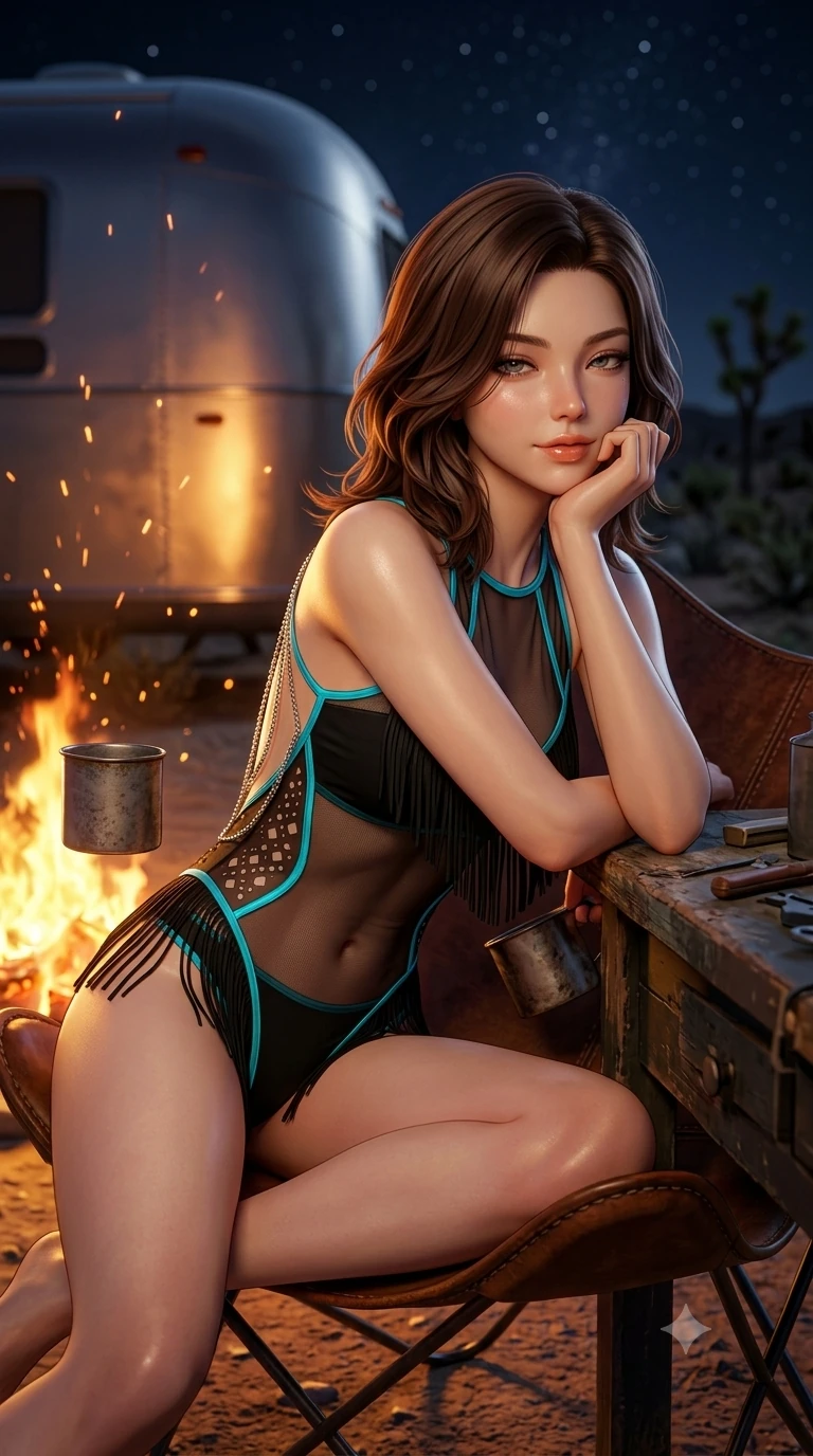 score_9, masterpiece, best quality, ultra-detailed, high-budget anime keyframe, semi-realistic 3D game render, editorial fashion photography, tasteful artistic composition, Korean woman. close-up cowboy shot from the waist and thighs up, the character dominates the composition, filling the frame with her large presence. resting one elbow on the workbench and supporting her chin, leaning close to the camera with heavy-lidded sparkling eyes and parted lips while lounging in a vintage butterfly leather chair by the fire, holding a tin mug with effortless coquettish charm and bedroom-eyes as sparks float upward. The background shows a soft-focus curved aluminum trailer reflections softened in magical desert night shallow focus. She has an exceptionally elegant, slender, and willowy female figure with an ultra-slim waist, flat toned midriff, narrow ribcage, and sculpted feminine hips creating an alluring, slim hourglass silhouette without bulk. sharp v-shaped jawline, high-bridge nose, sparkling eyes with hypnotic seductive depth, thick curled eyelashes, glossy parted lips with a natural dewy peach sheen, alluring bedroom-eyes with an enchanting coquettish smile, exuding magnetic siren charisma and sophisticated glamour, flawlessly proportioned anatomical accuracy, strict slender model proportions, natural body alignment, perfectly sculpted long slender limbs, ultra-slim waistline, clean dynamic posture without body distortion. wearing a provocative sheer illusion mesh western bodysuit with fringe trim layered over an opaque bandeau and briefs in midnight obsidian black and neon cyan piping, adorned with laser-cut diamond side panels revealing teasing glimpses of bare skin, accented with an open-back drape framed by falling strands of delicate chrome chains, the glove-like clinging cut tightly following the natural contour of her hips and long slender legs with youthful 8.5-heads elegance. illuminated by aluminum trailer reflection bounce and sharp amber-gold rim lighting sculpting her jawline, flat midriff, and voluptuous hip curves. highly saturated vibrant anime colors, detailed shading with soft gradients, rich glossy textures, high-contrast stereoscopic depth, volumetric dynamic lighting, master piece, 9:16 ratio