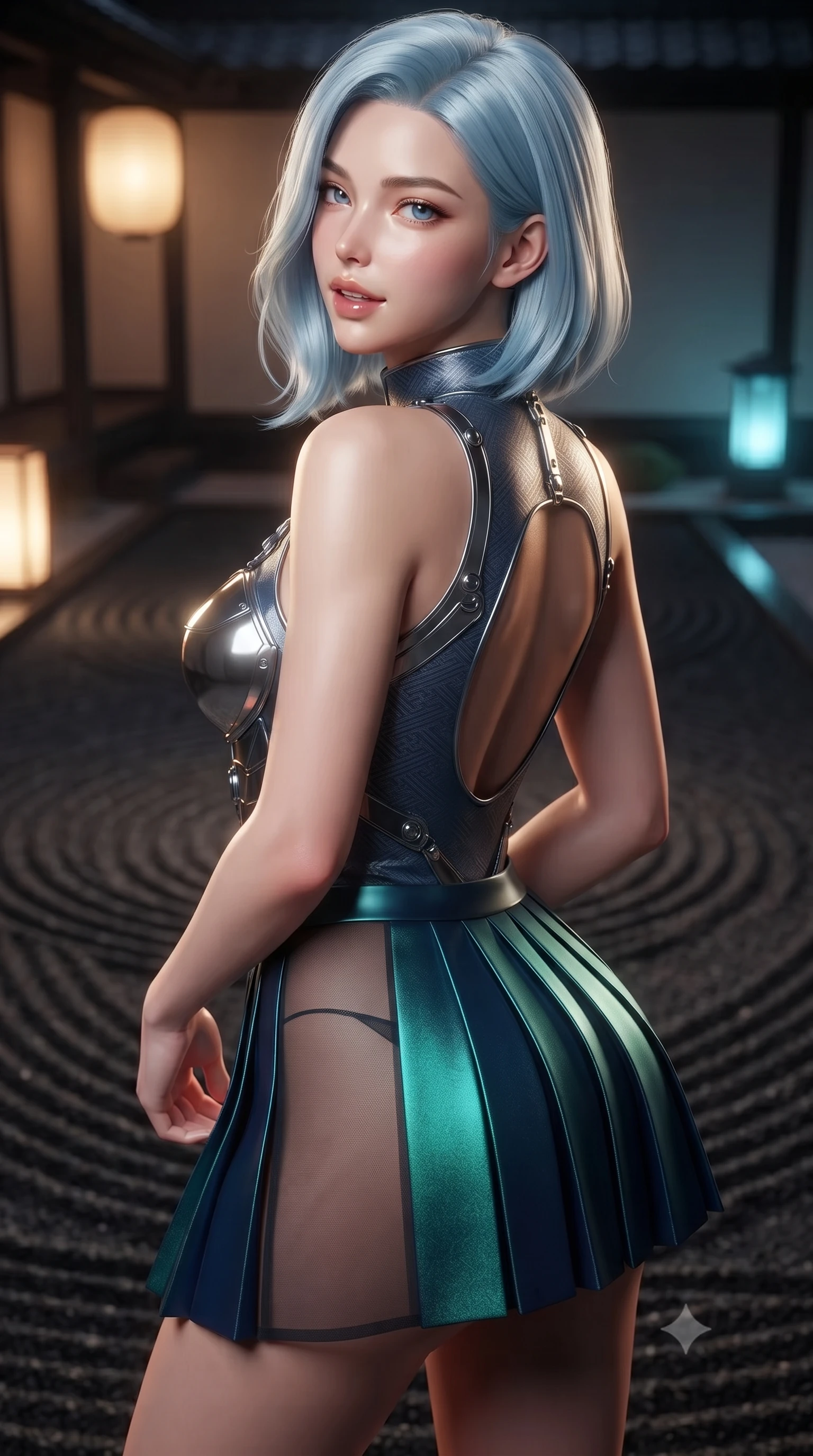 score_9, masterpiece, best quality, ultra-detailed, high-budget anime keyframe, editorial fashion photography, tasteful artistic composition, Korean woman. close-up cowboy shot from the waist and thighs up, the character dominates the composition, filling the frame with her large presence. posing in an alluring rear three-quarter angle, looking over a bare shoulder with parted glossy lips, her hips cocked back to highlight her slim hourglass curve while twisting her slender torso in an alluring S-curve beside the raked black stone garden, soft gold ambient lantern glows caressing her flat midriff and hourglass curves. The surrounding environment is rendered in vivid detail and crisp panoramic clarity: detailed high-neck cyber-kimono tailoring, luxurious silk brocade weave, and modern Japanese minimalist luxury in high resolution. She has an exceptionally elegant, slender, and willowy female figure with an ultra-slim waist, flat toned midriff, narrow ribcage, and sculpted feminine hips creating an alluring, slim hourglass silhouette without bulk. sharp v-shaped jawline, high-bridge nose, intricate jewel-like sparkling eyes with depth, thick eyelashes, glossy parted lips with a natural peach sheen, bright cheerful beaming smile with an enchanting and coquettish sensual glint, exuding both youthful cute charm and seductive allure, flawlessly proportioned anatomical accuracy, strict slender model proportions, natural body alignment, perfectly sculpted long slender limbs, ultra-slim waistline, clean dynamic posture without body distortion. wearing a chrome-plated tactical combat bustier top with reinforced underwire paired with a low-rise pleated micro combat skirt in bioluminescent emerald and abyssal sapphire, featuring strategic sheer-illusion tulle side panels framing her ribcage and hips, accented with a chrome-drop body harness subtly framing her dewy collarbones and spine, the precision-cut side openings and low-back scoop framing her graceful spine and the sensual sweep of her slim, toned hips. bathed in the warm radiant 2400K glow of concealed paper lanterns contrasted with subtle cyan cryo-vessel accent lights. ultra-reflective glossy finish, specular highlights, rich textural contrasts, high-contrast stereoscopic depth, volumetric dynamic lighting, 2k, ultra detail, master piece, 9:16 ratio
